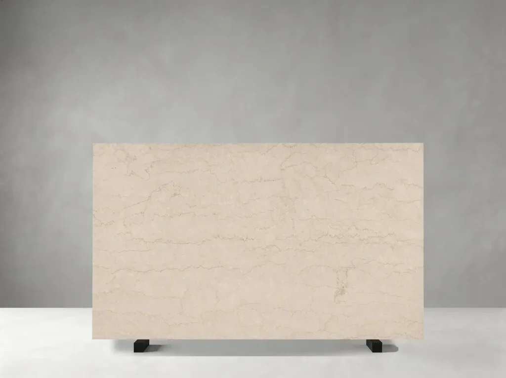 Botticino Tipo Classico Marble polished slab showing a light cream field with intricate peach-beige detailing