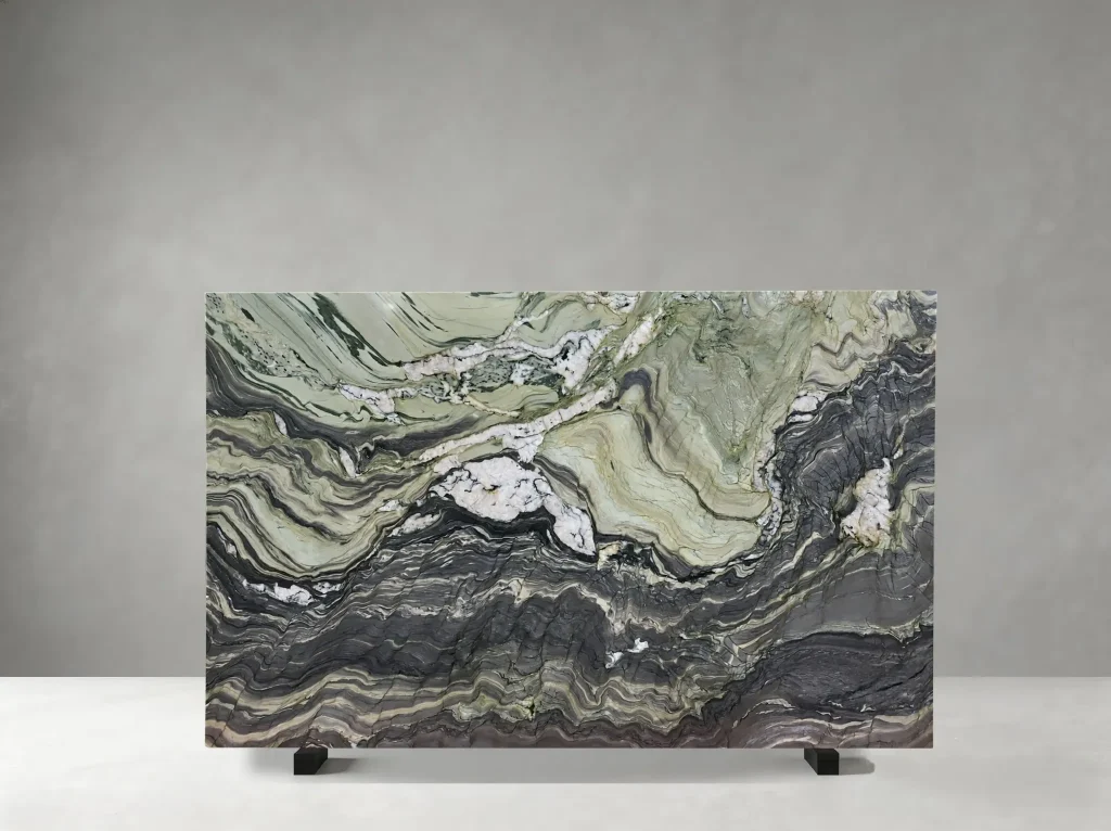 Brazil Blue Fusion Quartzite polished slab 01 with sage green, charcoal and white flowing layers