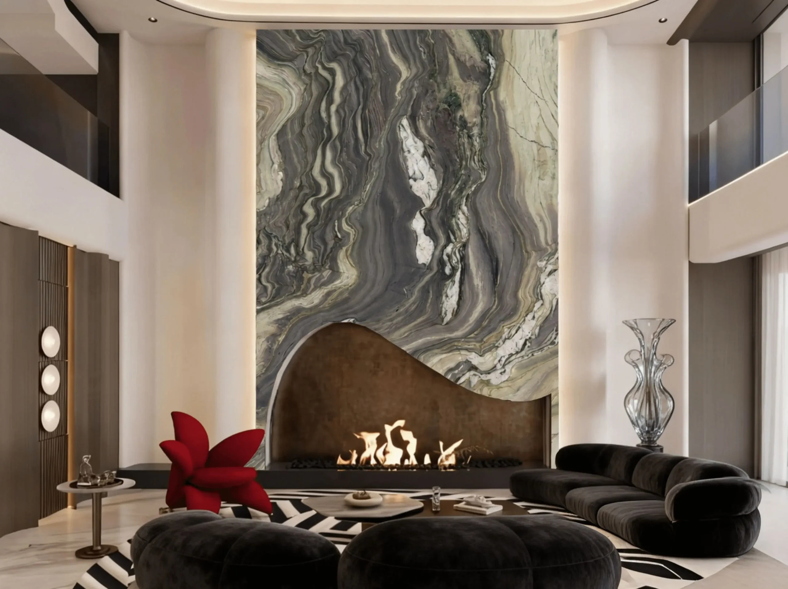 Brazilian Blue Fusion Quartzite double height living room fireplace wall application