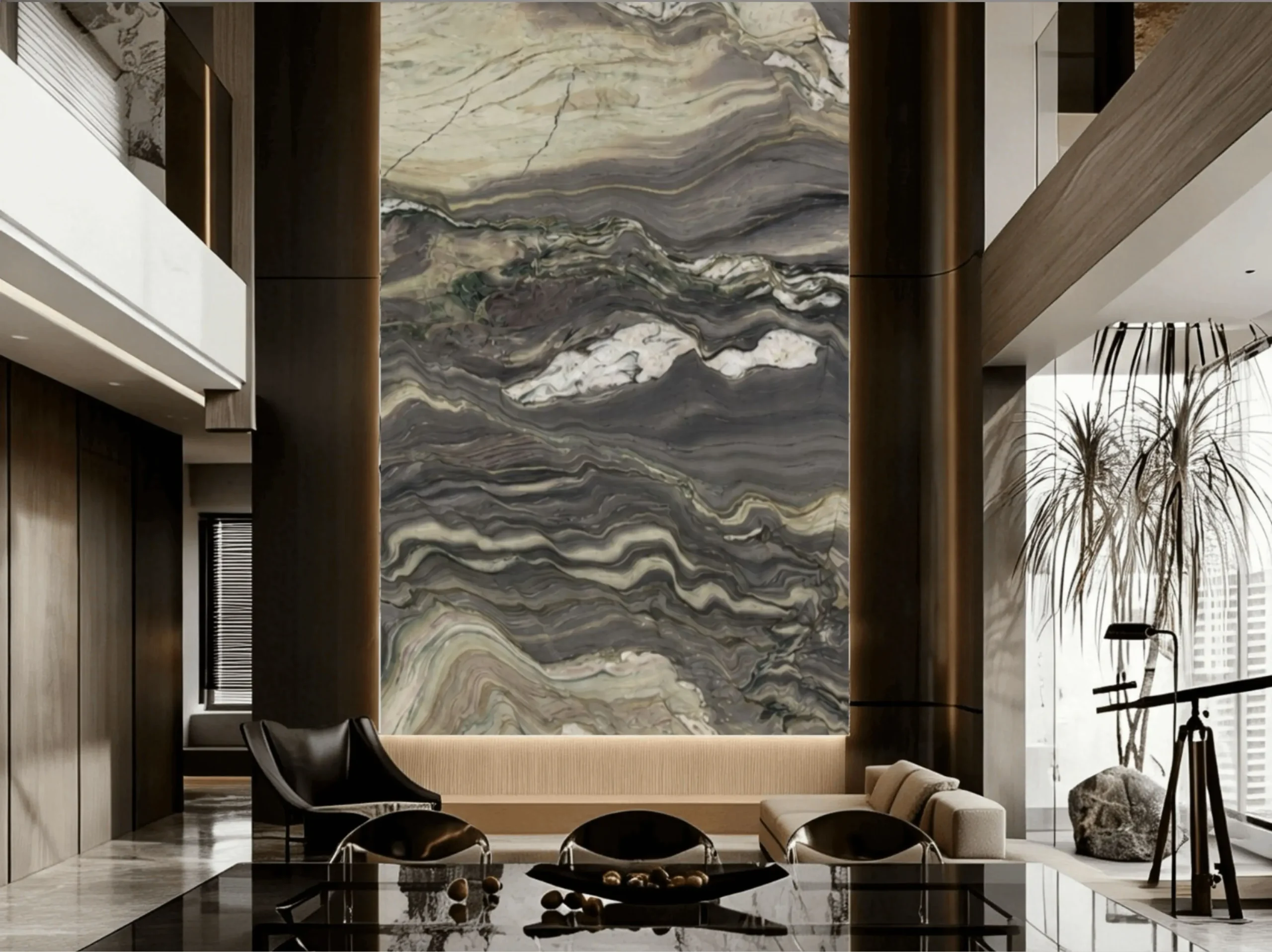 Brazilian Blue Fusion Quartzite double height residential feature wall application