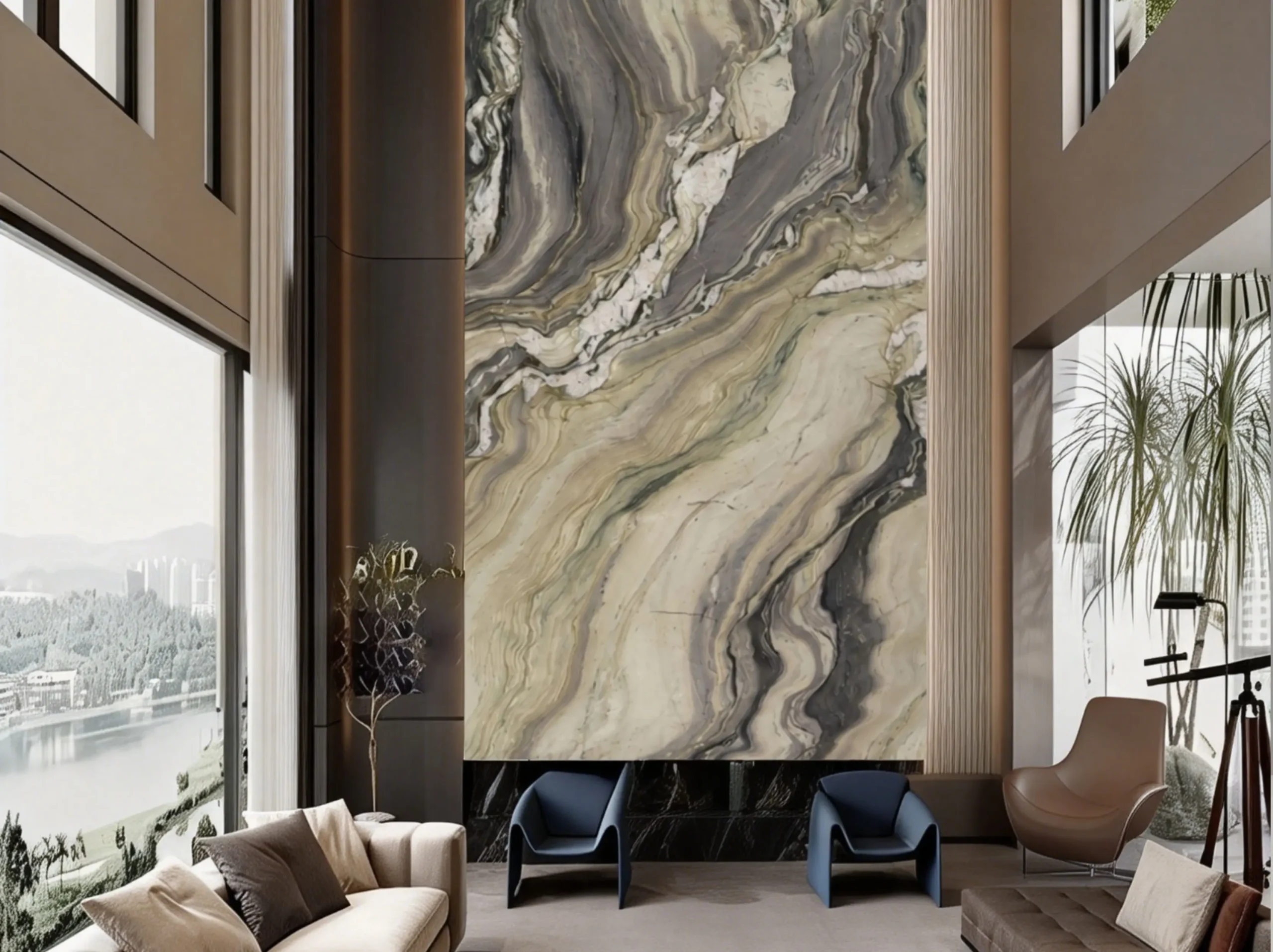 Brazilian Blue Fusion Quartzite luxury living room feature wall application