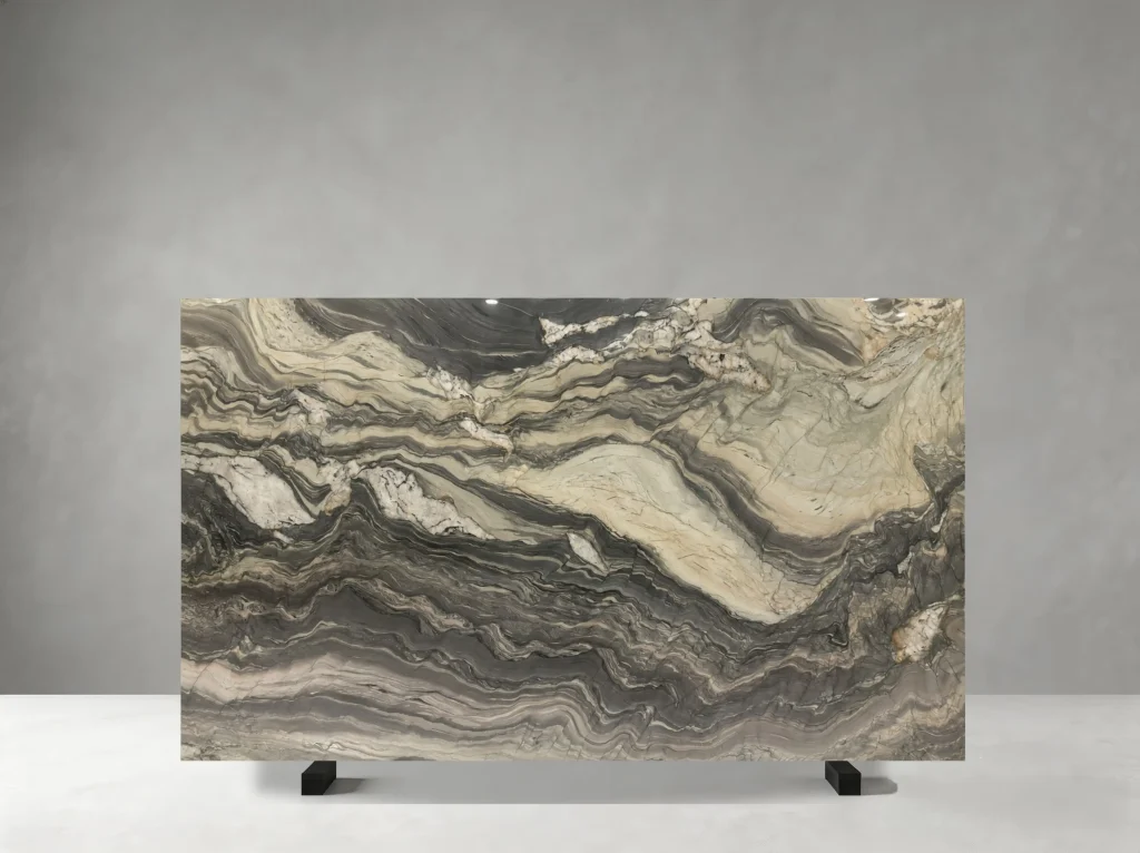 Brazilian Blue Fusion Quartzite polished slab 01 showing bold flowing waves with strong horizontal and diagonal movement