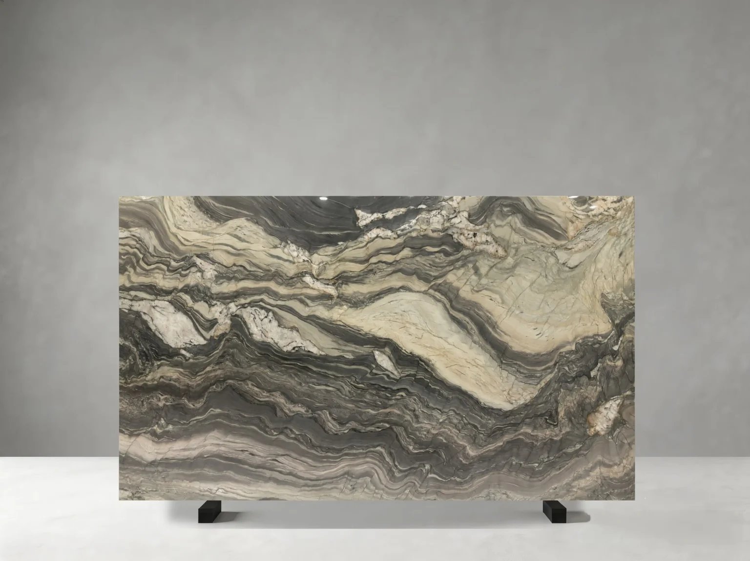 Brazilian Blue Fusion Quartzite polished slab 01 showing bold flowing waves with strong horizontal and diagonal movement