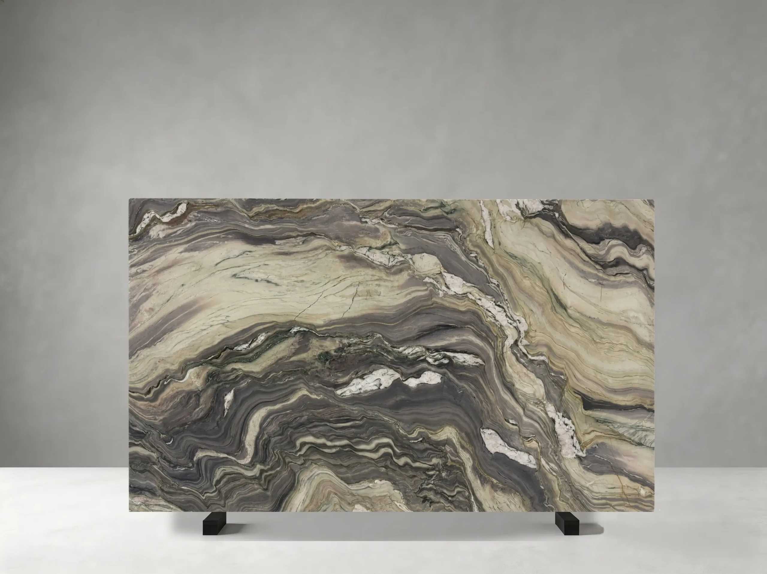 Brazilian Blue Fusion Quartzite polished slab 02 showing bold flowing waves with strong horizontal and diagonal movement