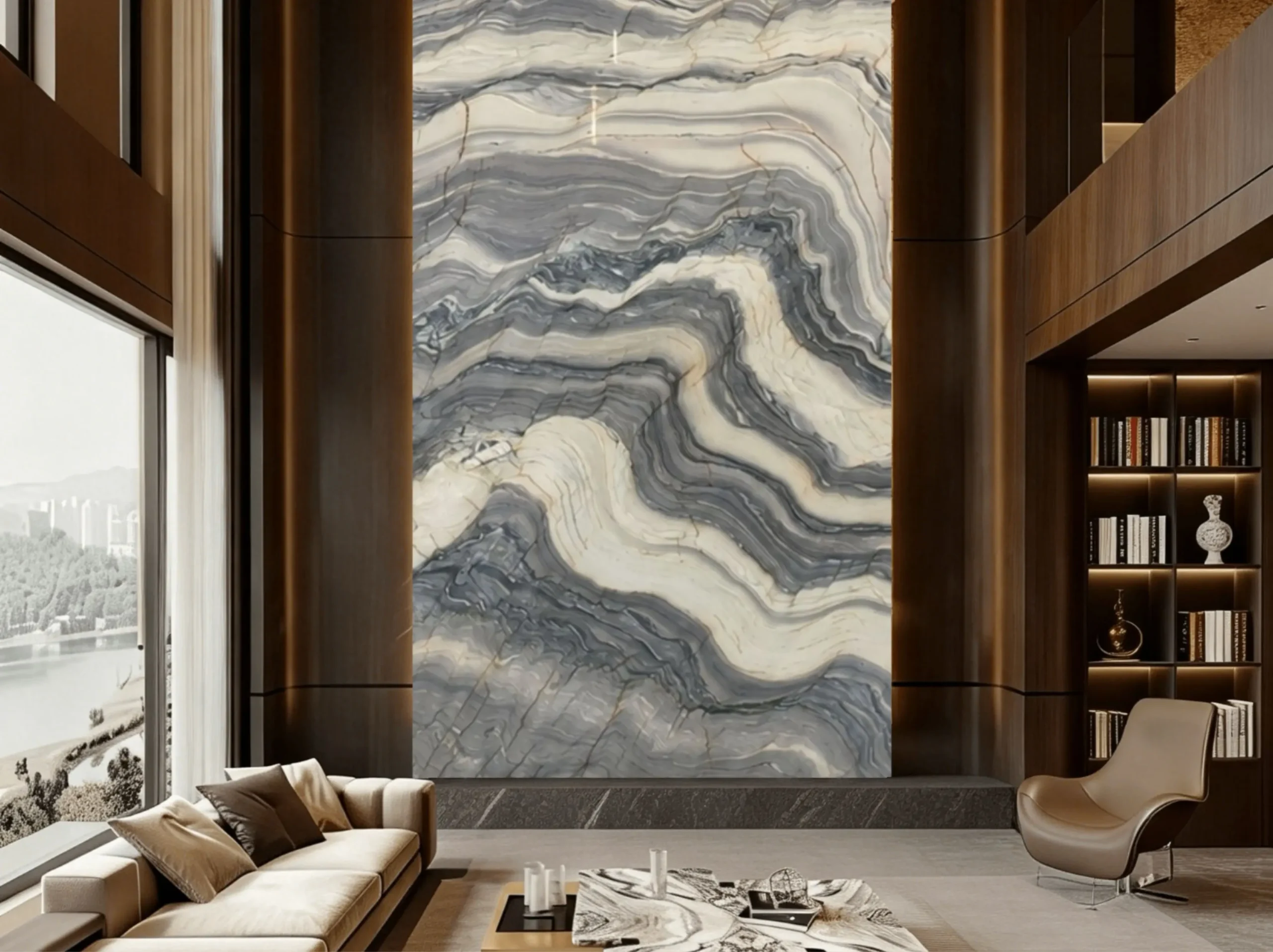 Brazilian Fusion Blue Quartzite double height feature wall application