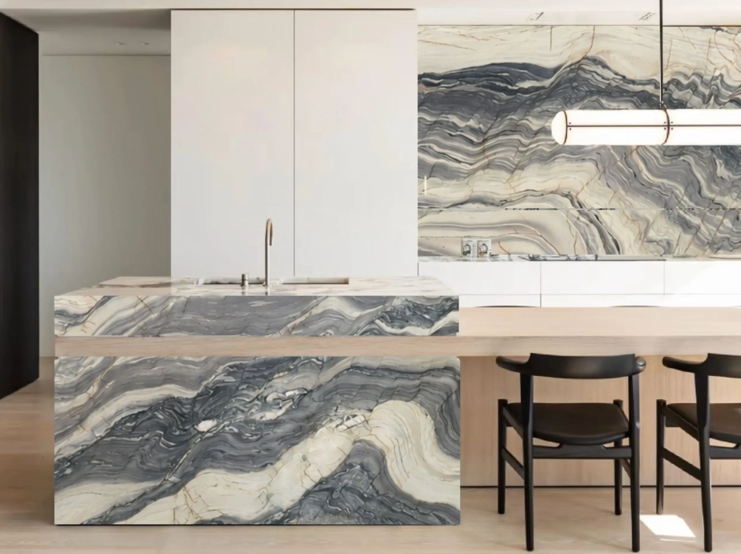 Brazilian Fusion Blue Quartzite kitchen island and backsplash application