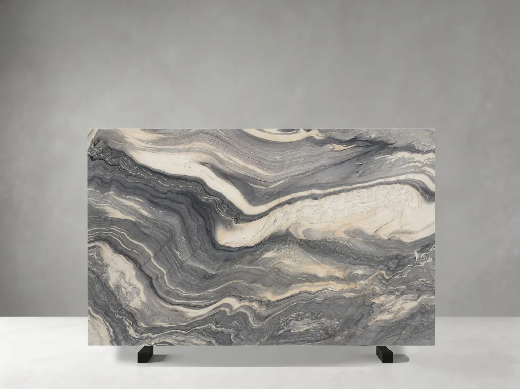 Brazilian Fusion Blue Quartzite polished slab 01 showing high-contrast wave bands with layered directional movement