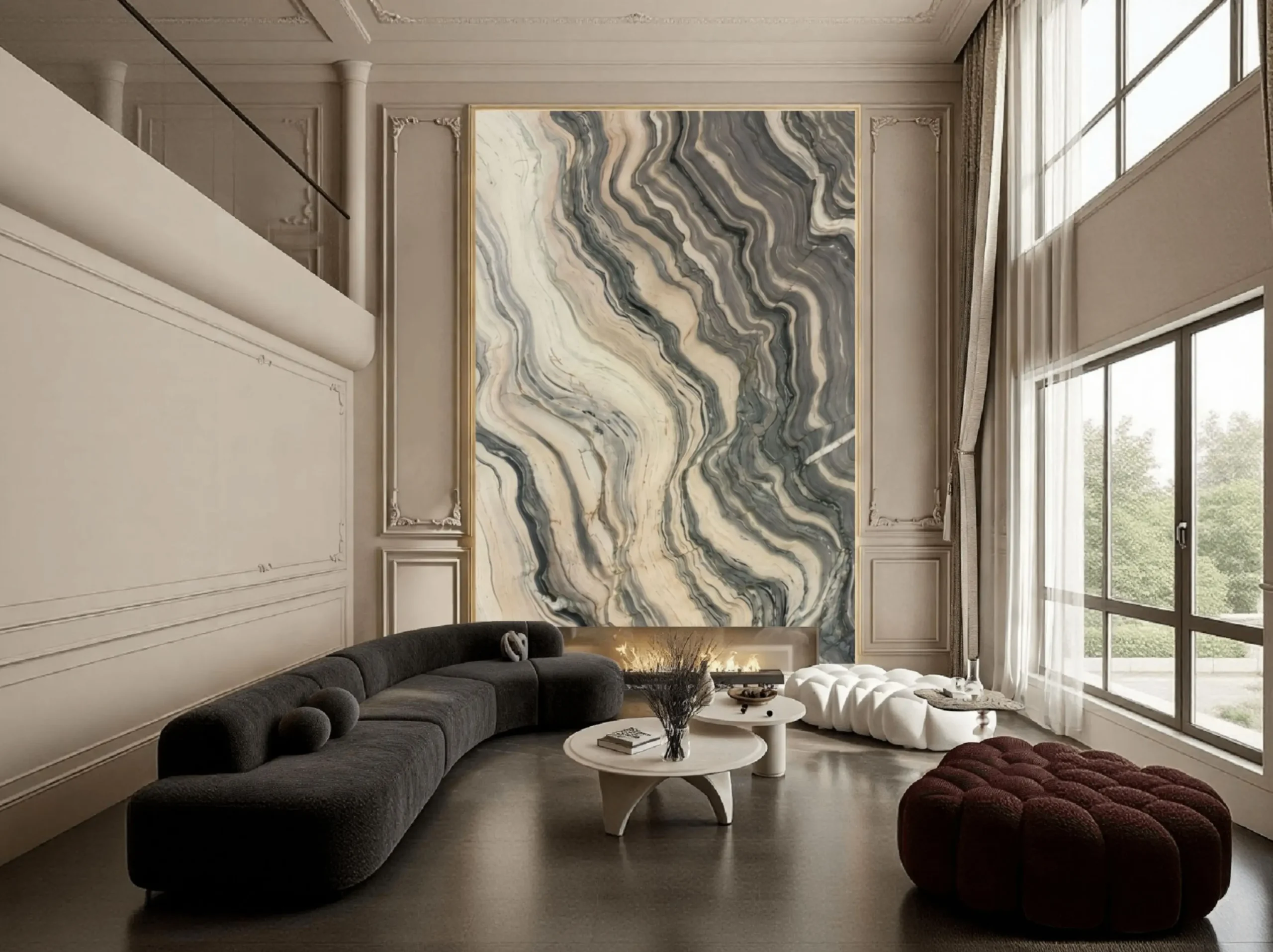Brazilian Silk Road Quartzite double height living room fireplace wall application