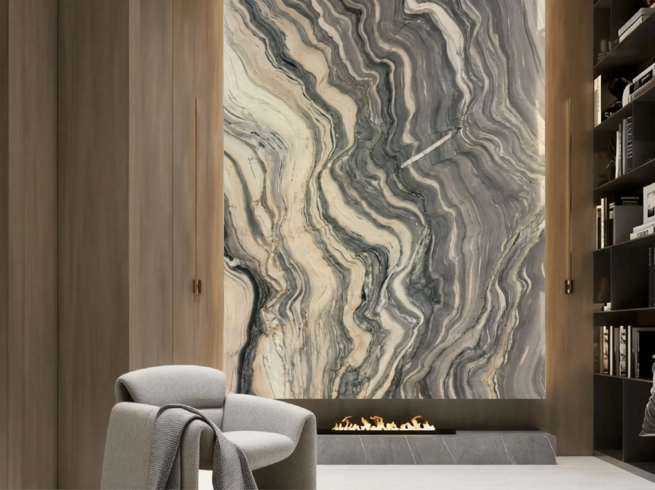 Brazilian Silk Road Quartzite library fireplace feature wall application
