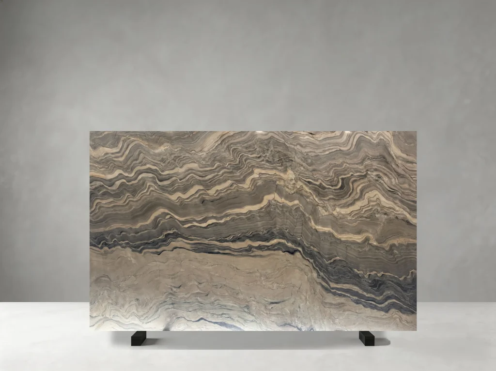 Brazilian Silk Road Quartzite polished slab 01 showing continuous linear waves resembling layered silk folds
