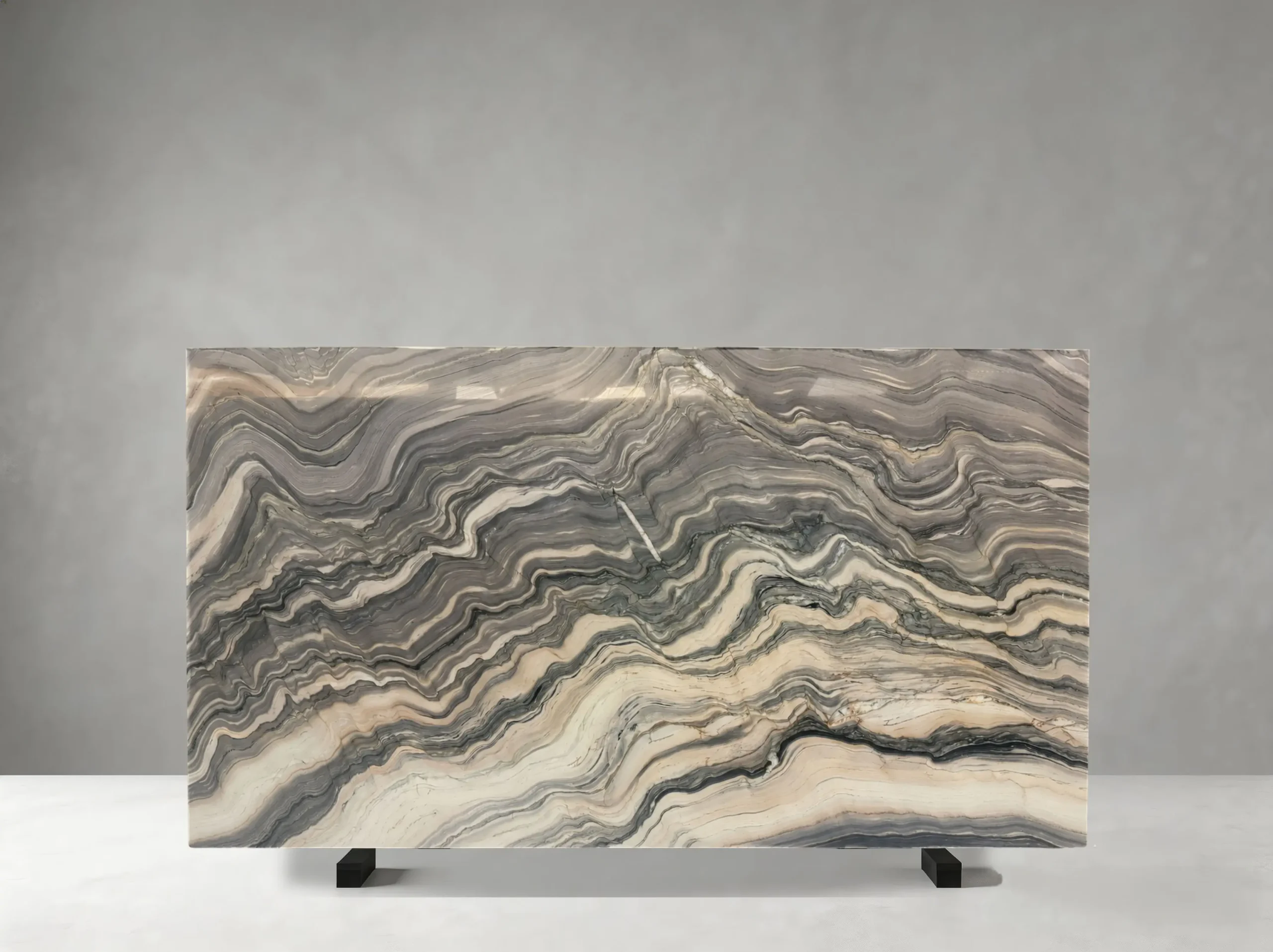 Brazilian Silk Road Quartzite polished slab 02 showing continuous linear waves resembling layered silk folds