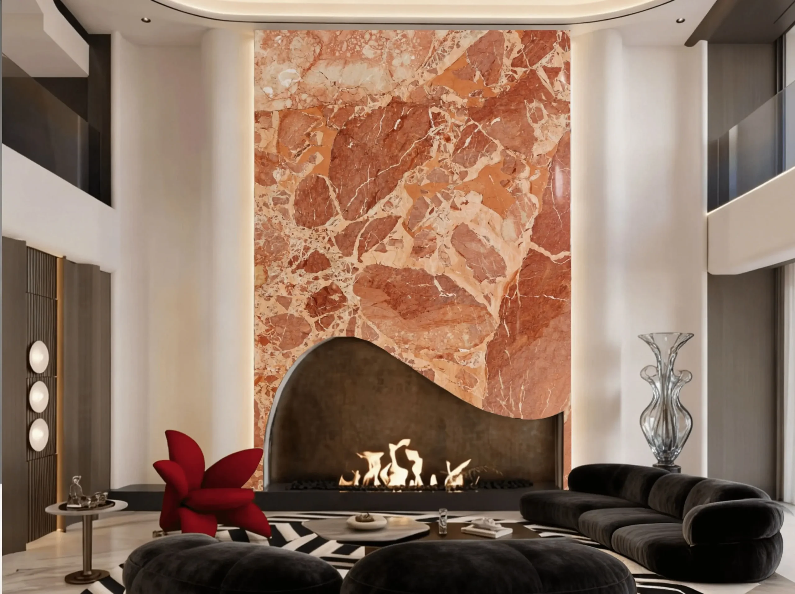 Breccia Fumane Marble double-height fireplace feature wall