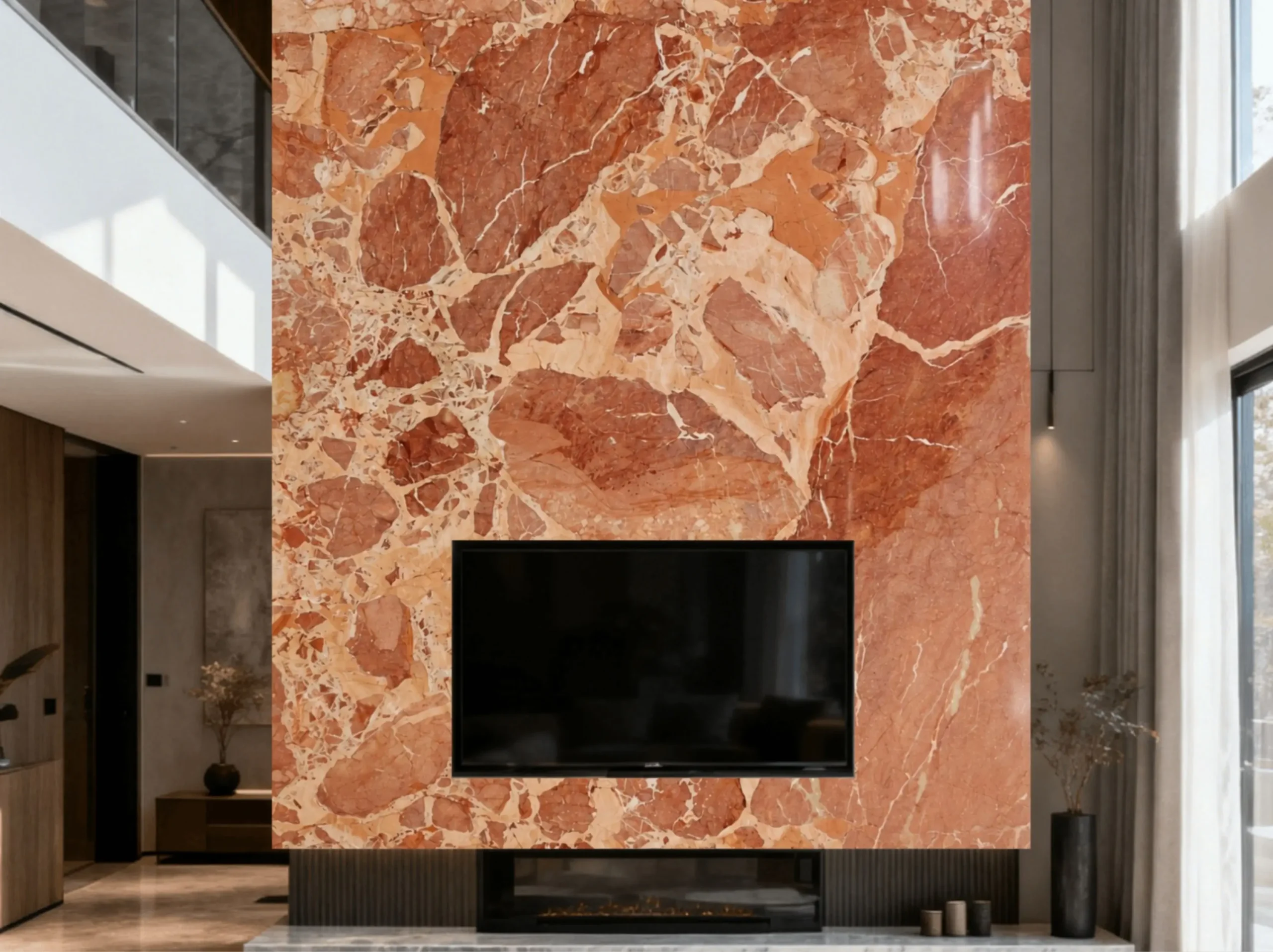 Breccia Fumane Marble TV fireplace media wall