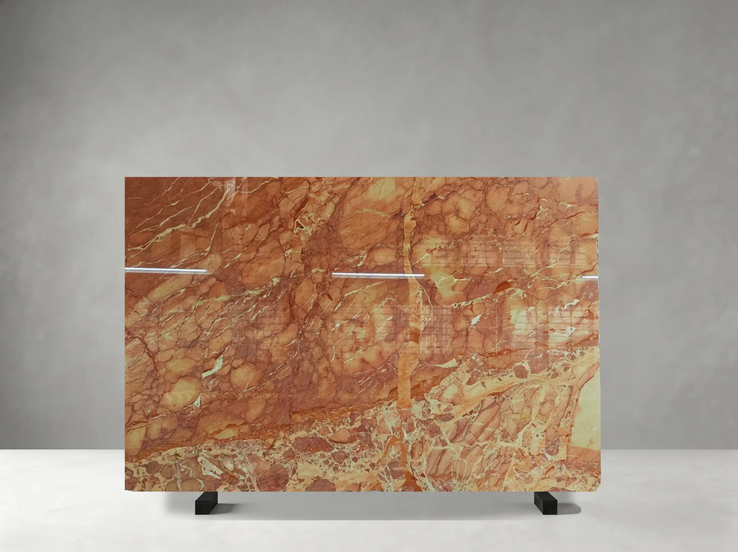 Breccia Pernice Marble full slab with ochre, rust, terracotta, warm beige and cream tones and irregular brecciated fragments joined by dense pale veins and warm mineral seams