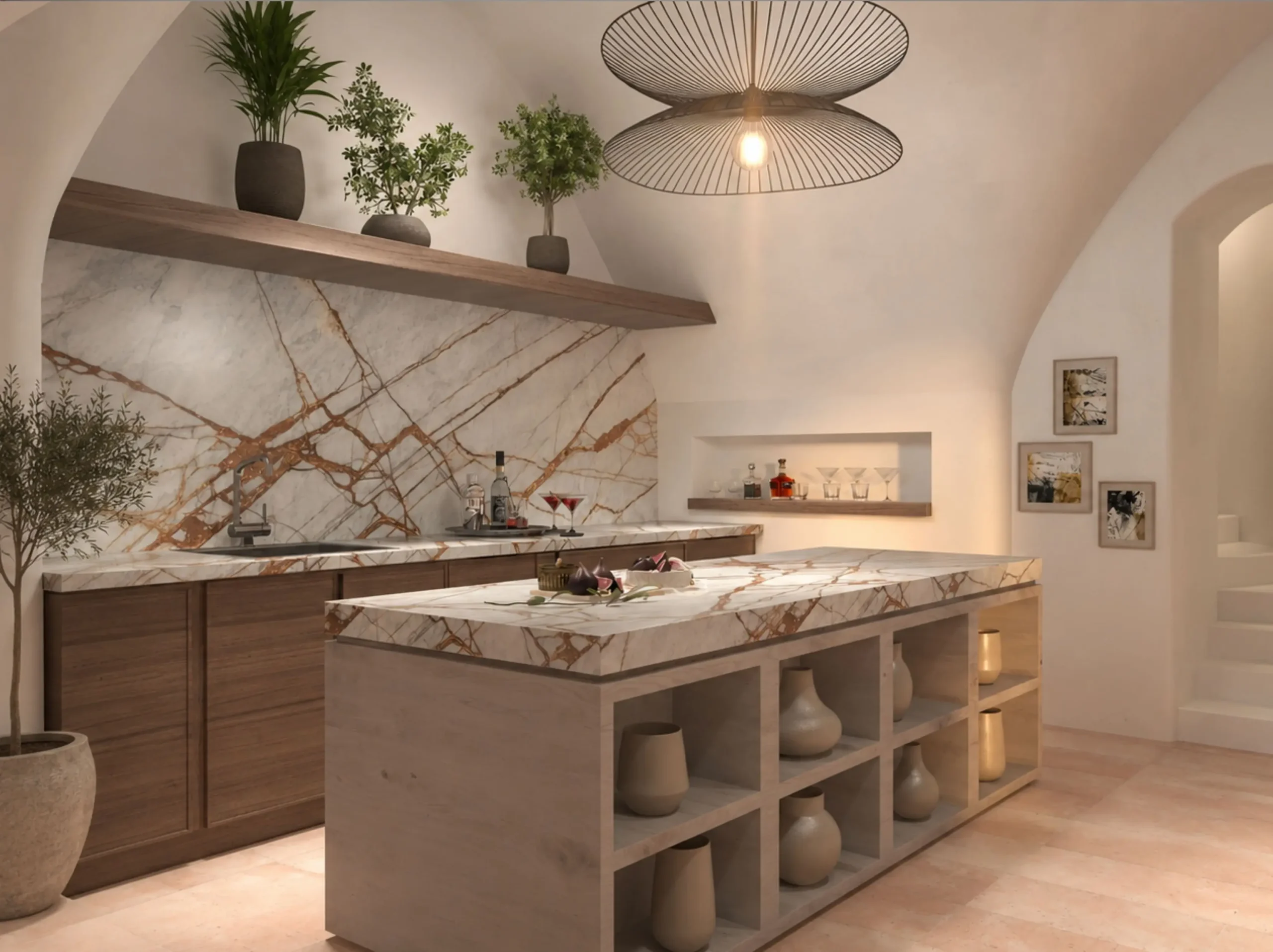 Brown Root Marble kitchen island and backsplash for a luxury interior project