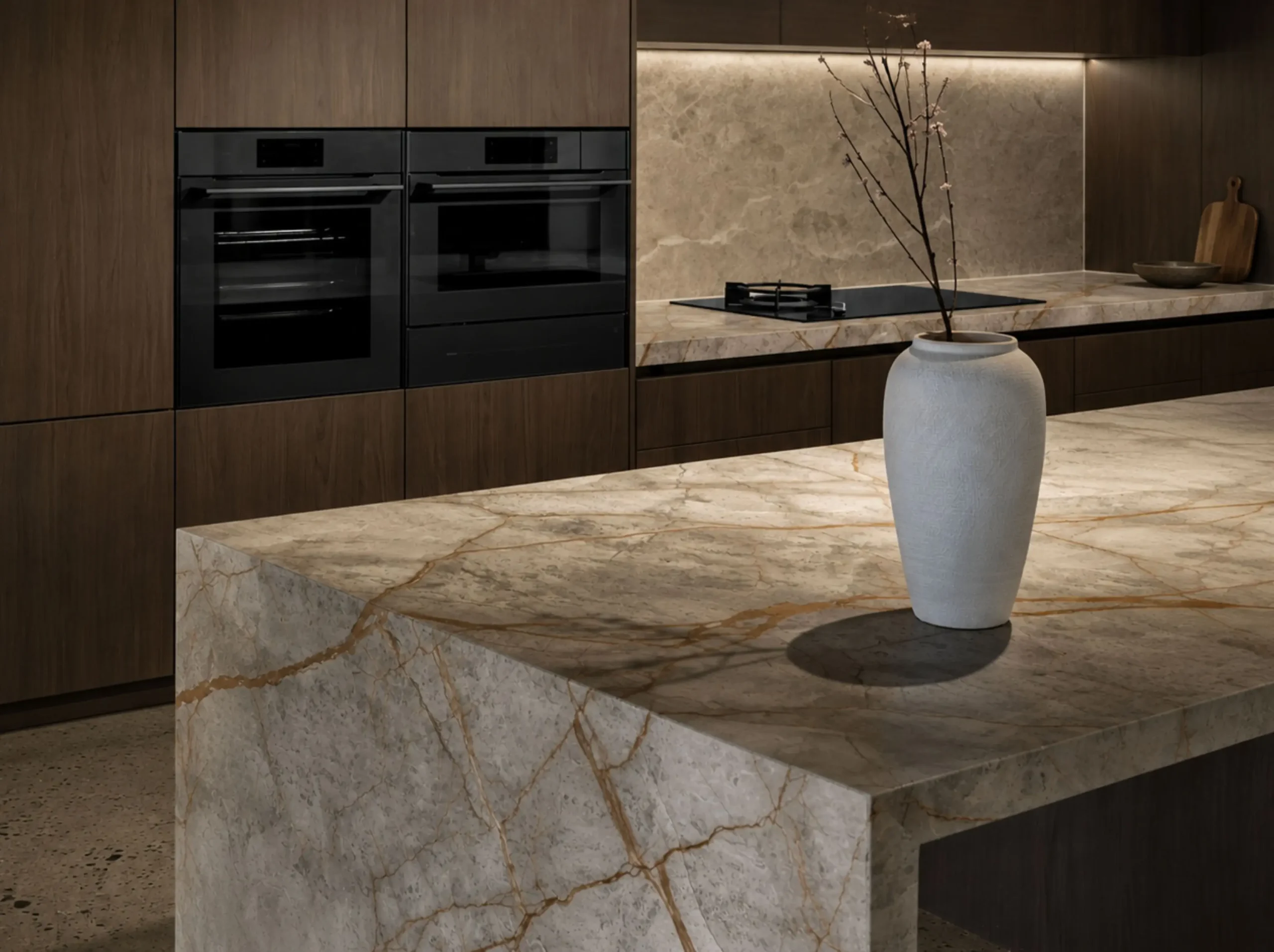 Brown Root Marble kitchen waterfall island countertop for a luxury interior project