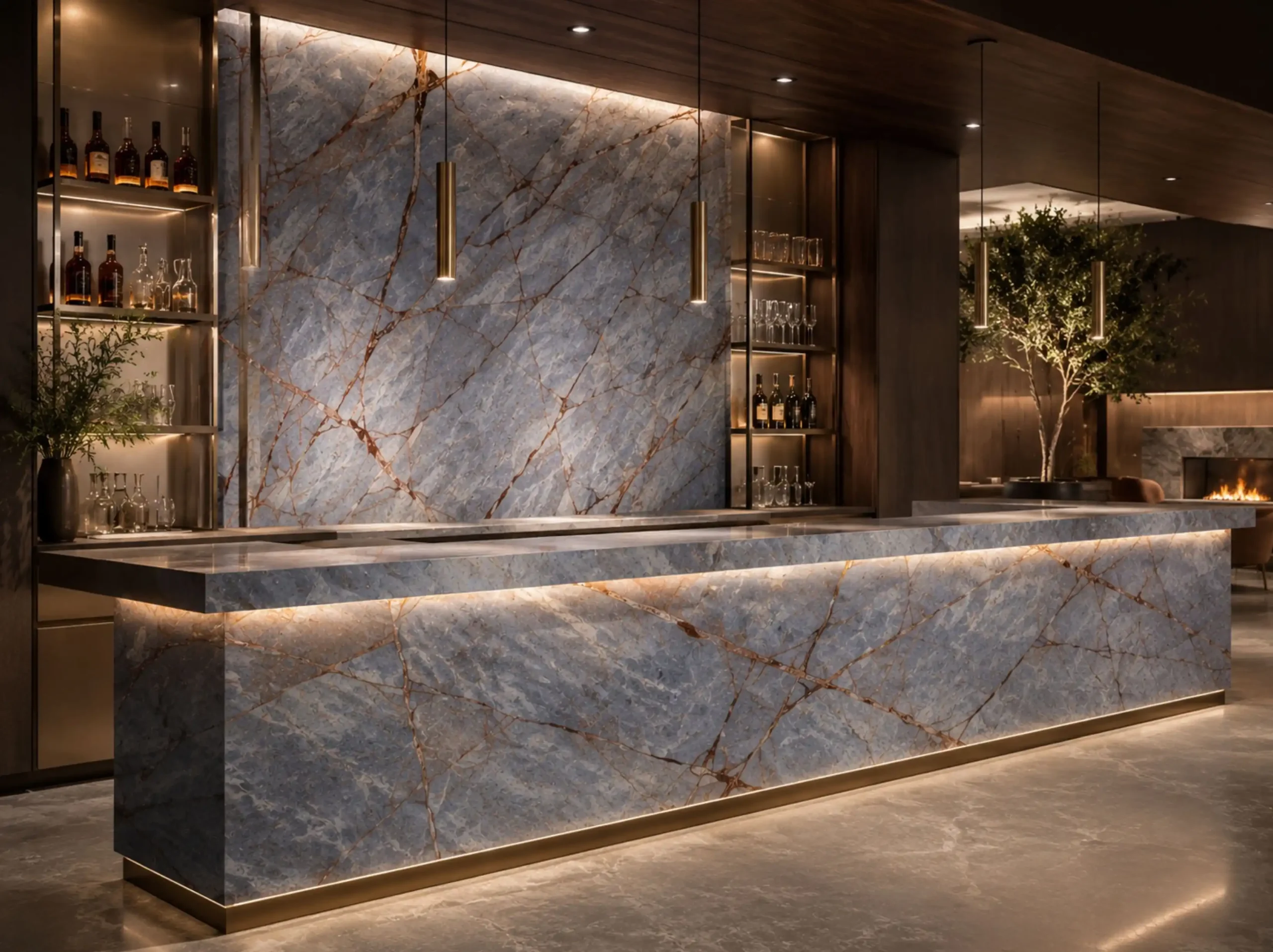 Brown Root Marble luxury bar counter and feature wall for a luxury interior project