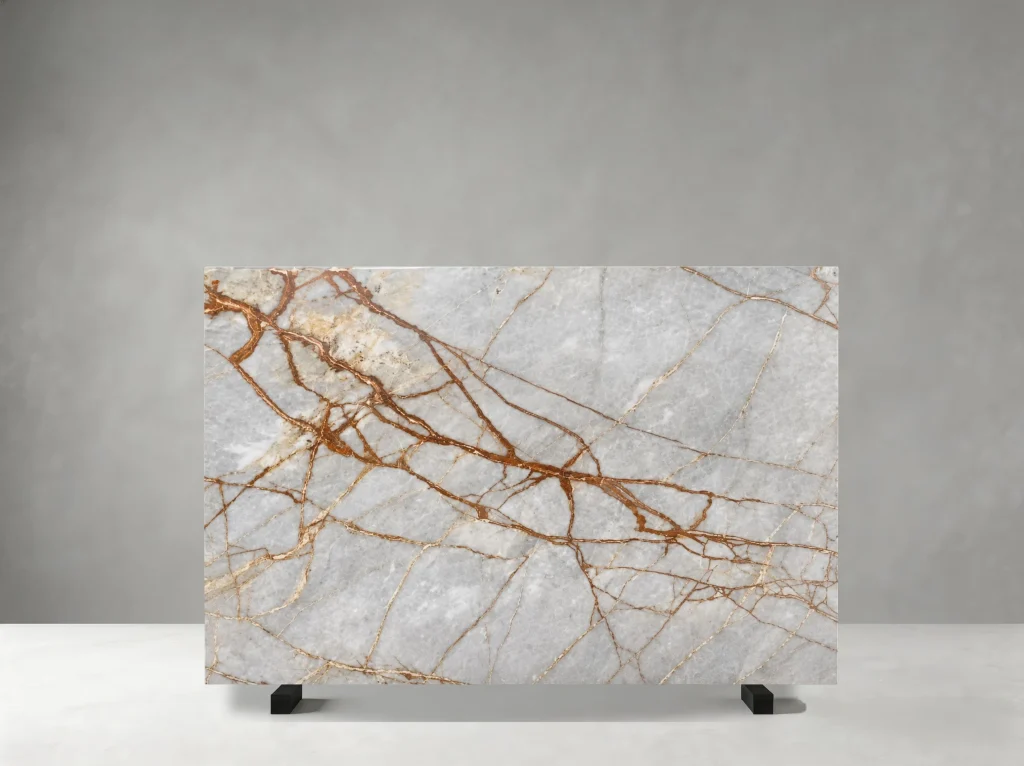 Brown Root Marble full slab showing steel grey, blue-grey and warm brown tones with branching rust-brown and copper veins across broad cloudy mineral fields