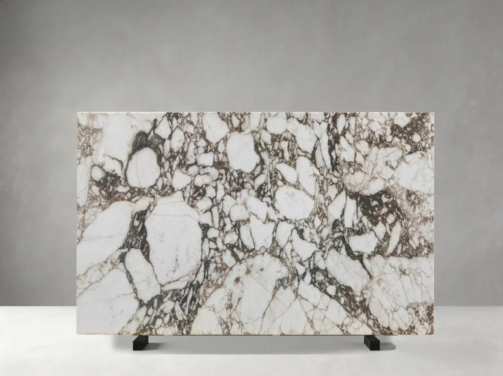 Bvlgari Lilac Marble polished slab with white fragments and burgundy purple veins