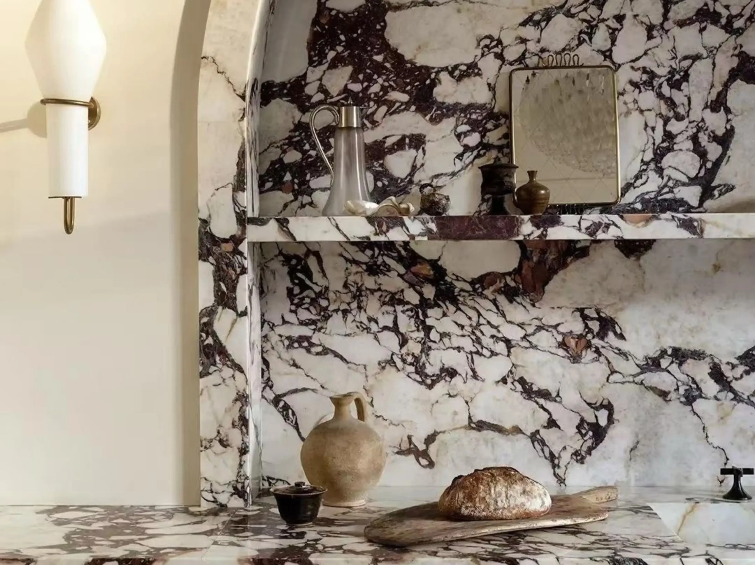 Bvlgari Purple Marble display niche and shelving with bold burgundy veins