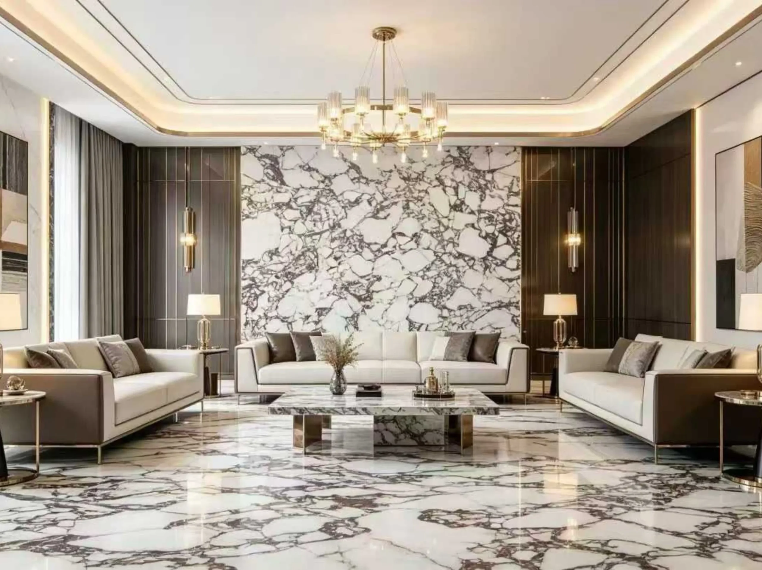 Bvlgari Purple Marble floor and feature wall in a luxury living room