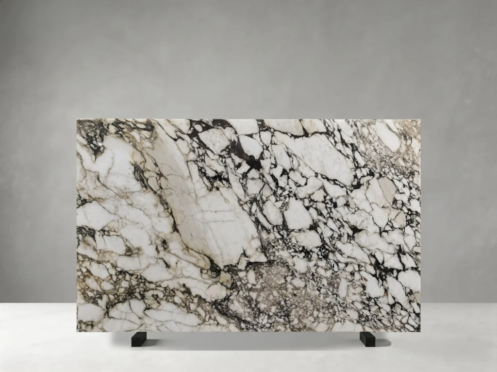 Bvlgari Purple Marble polished slab with white fragments and dark purple veining