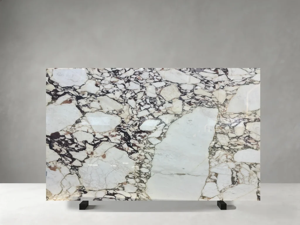 Calacatta Viola Marble polished slab with creamy white fragments and purple veins