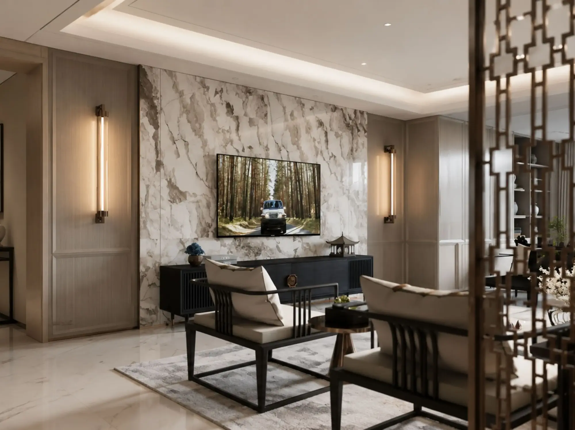 Camus Brown Marble tv feature wall application