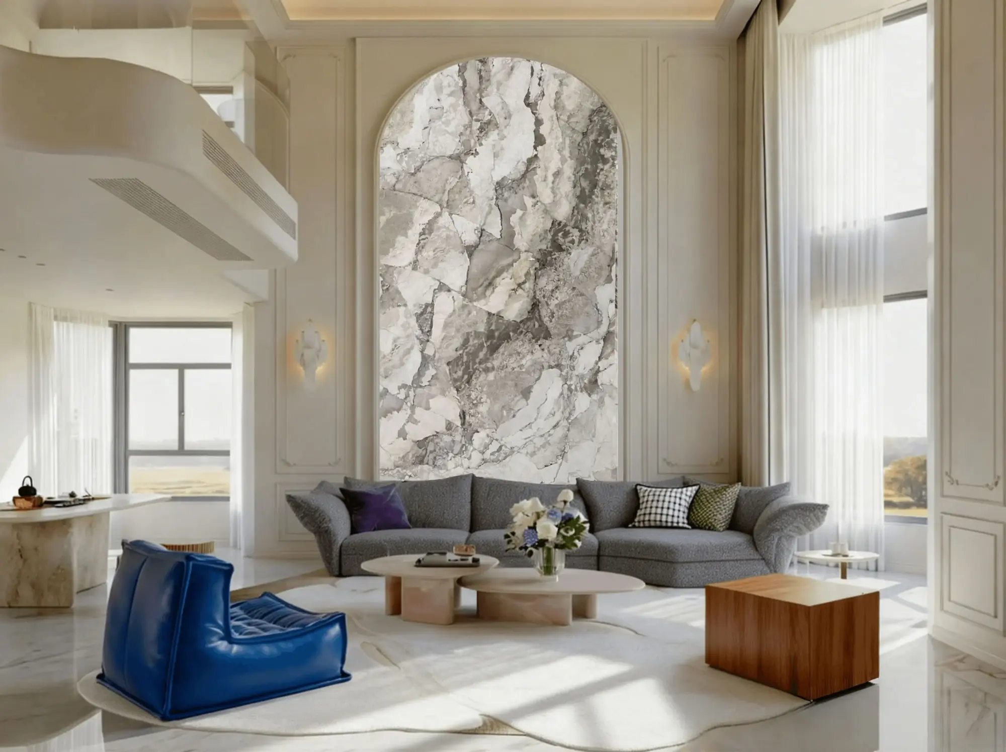 Camus Grey Marble arched living room feature wall application