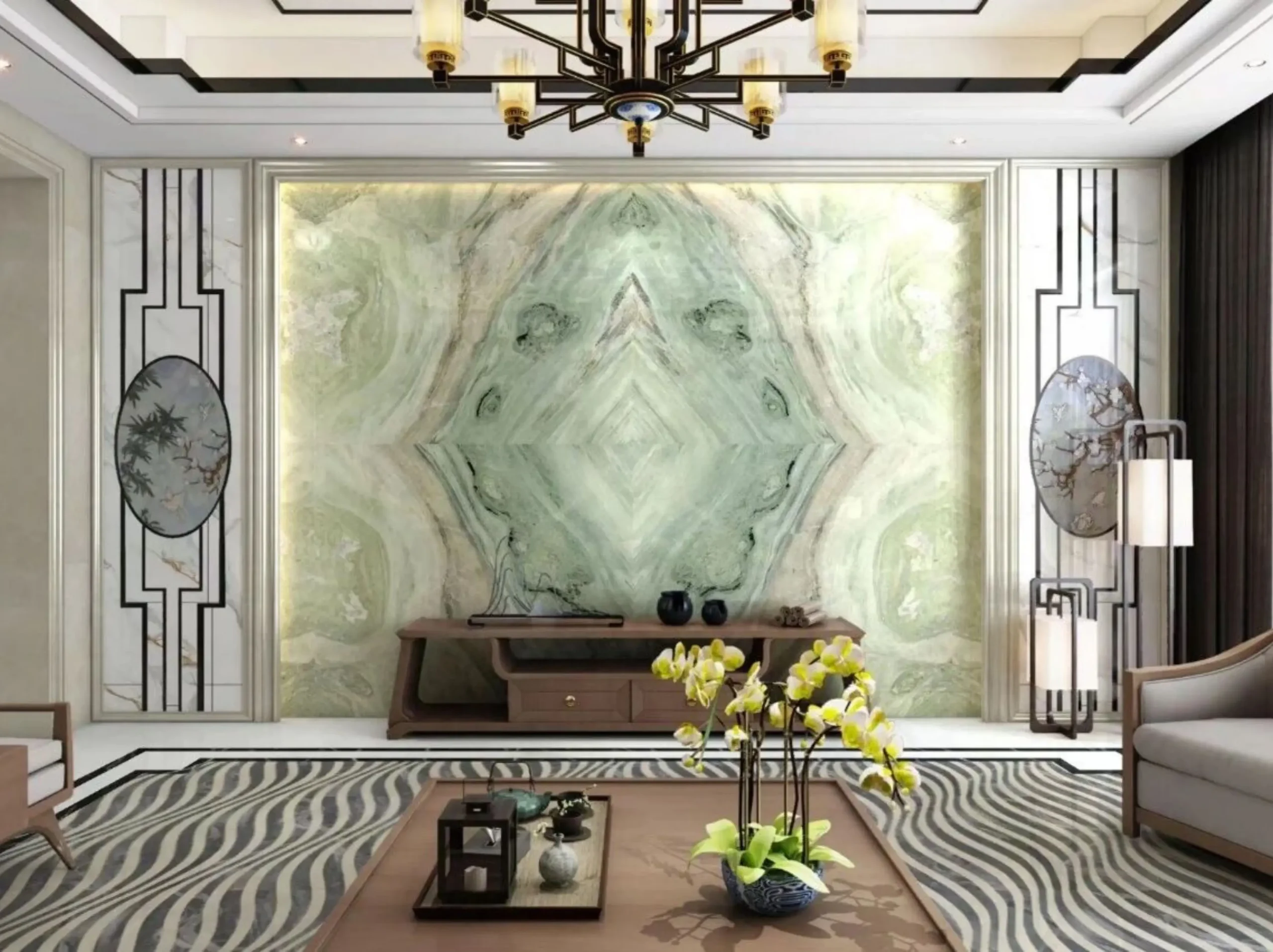 China Ethereal Green Marble Bookmatched Feature Wall China Ethereal Green Marble application: China Ethereal Green Marble Bookmatched Feature Wall