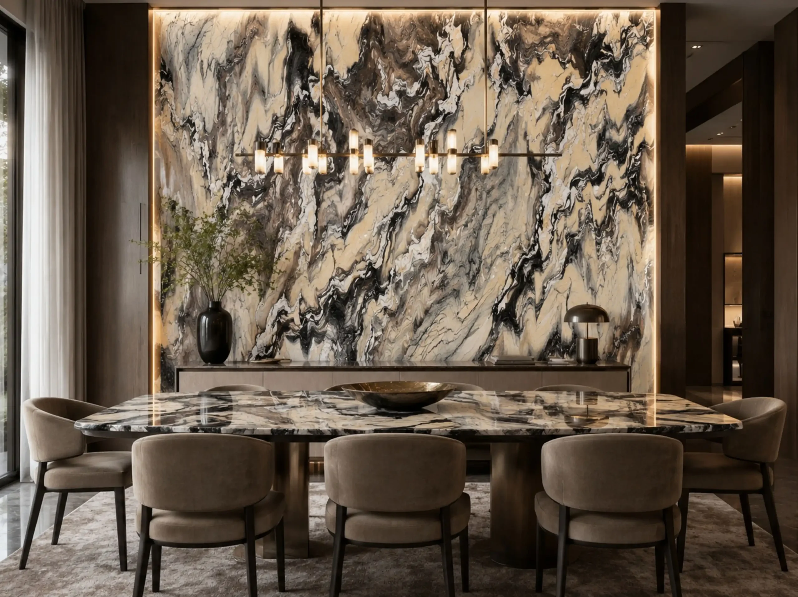 Cipollino Green Marble dining room feature wall tabletop for a luxury interior project