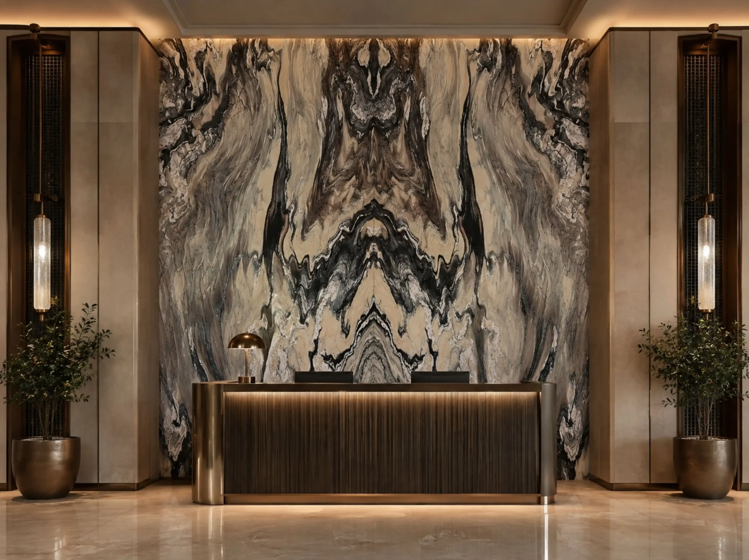 Cipollino Green Marble reception desk feature wall for a luxury interior project