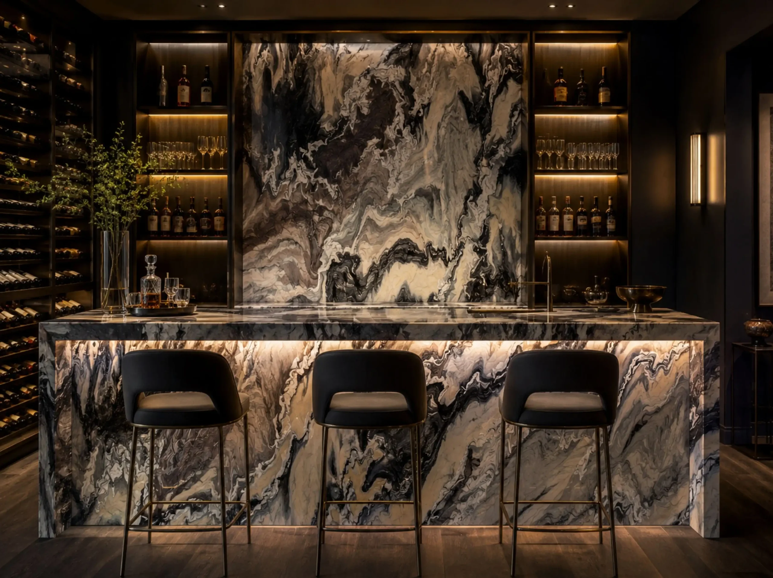 Cipollino Ondulato Marble home bar feature wall countertop for a luxury interior project