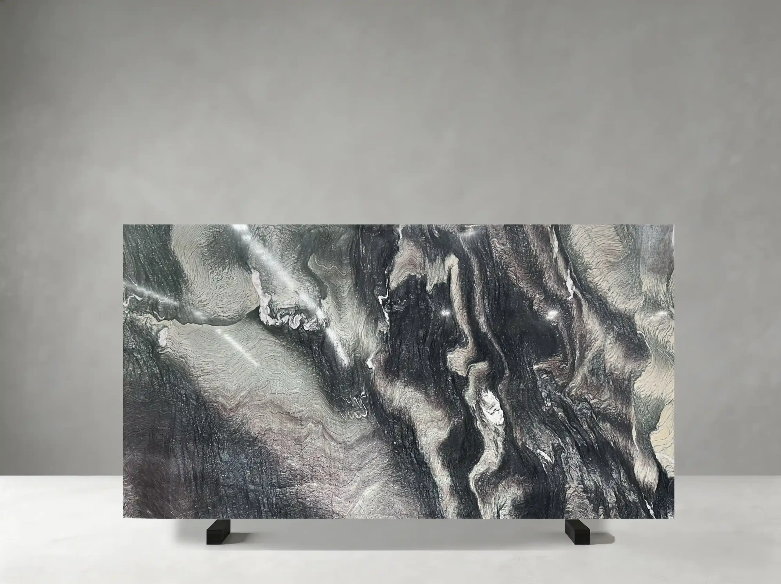 Cipollino Ondulato Marble full slab showing green, grey and white tones with strongly undulating linear veining