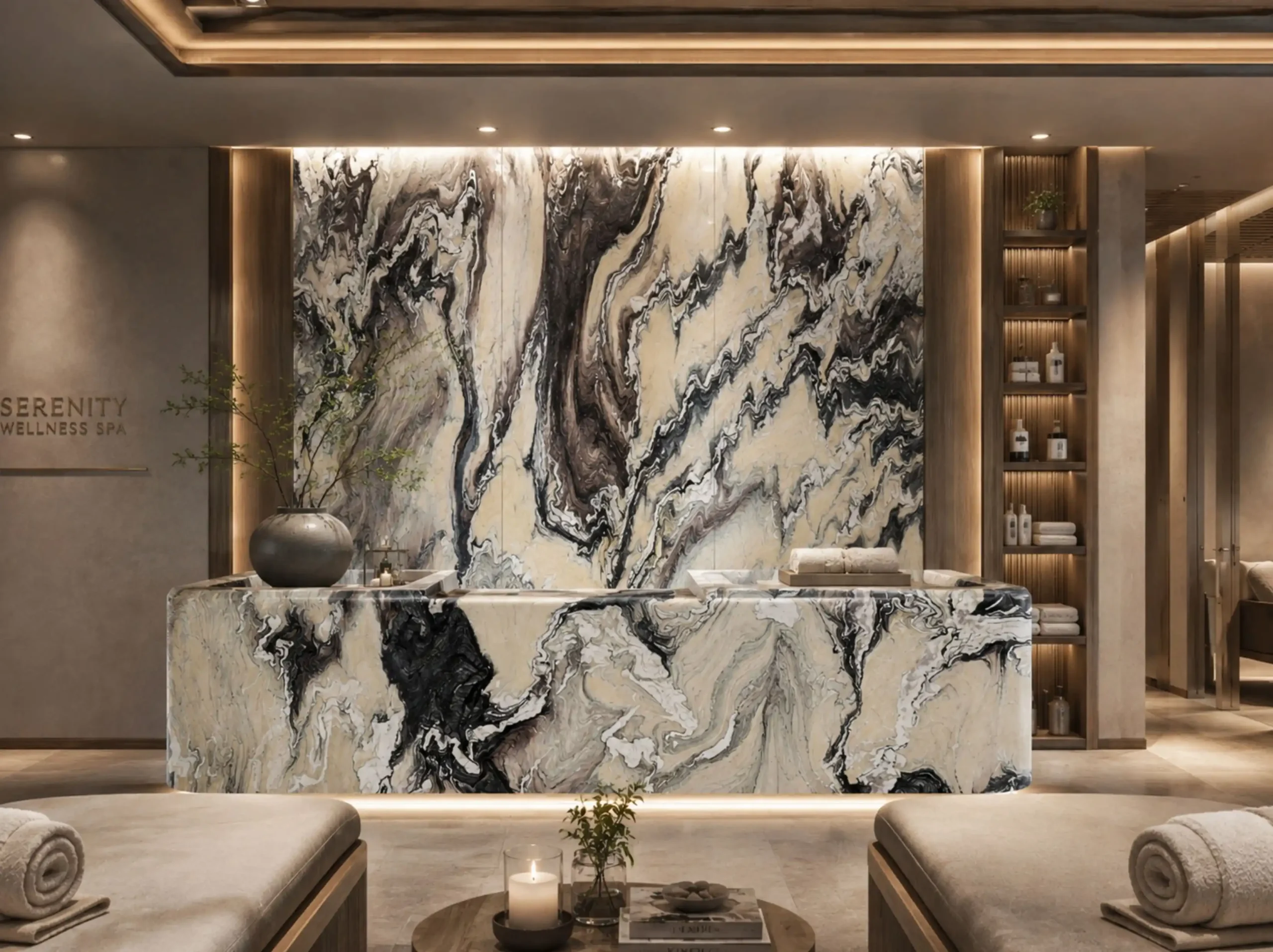 Cipollino Ondulato Marble spa reception desk feature wall for a luxury interior project