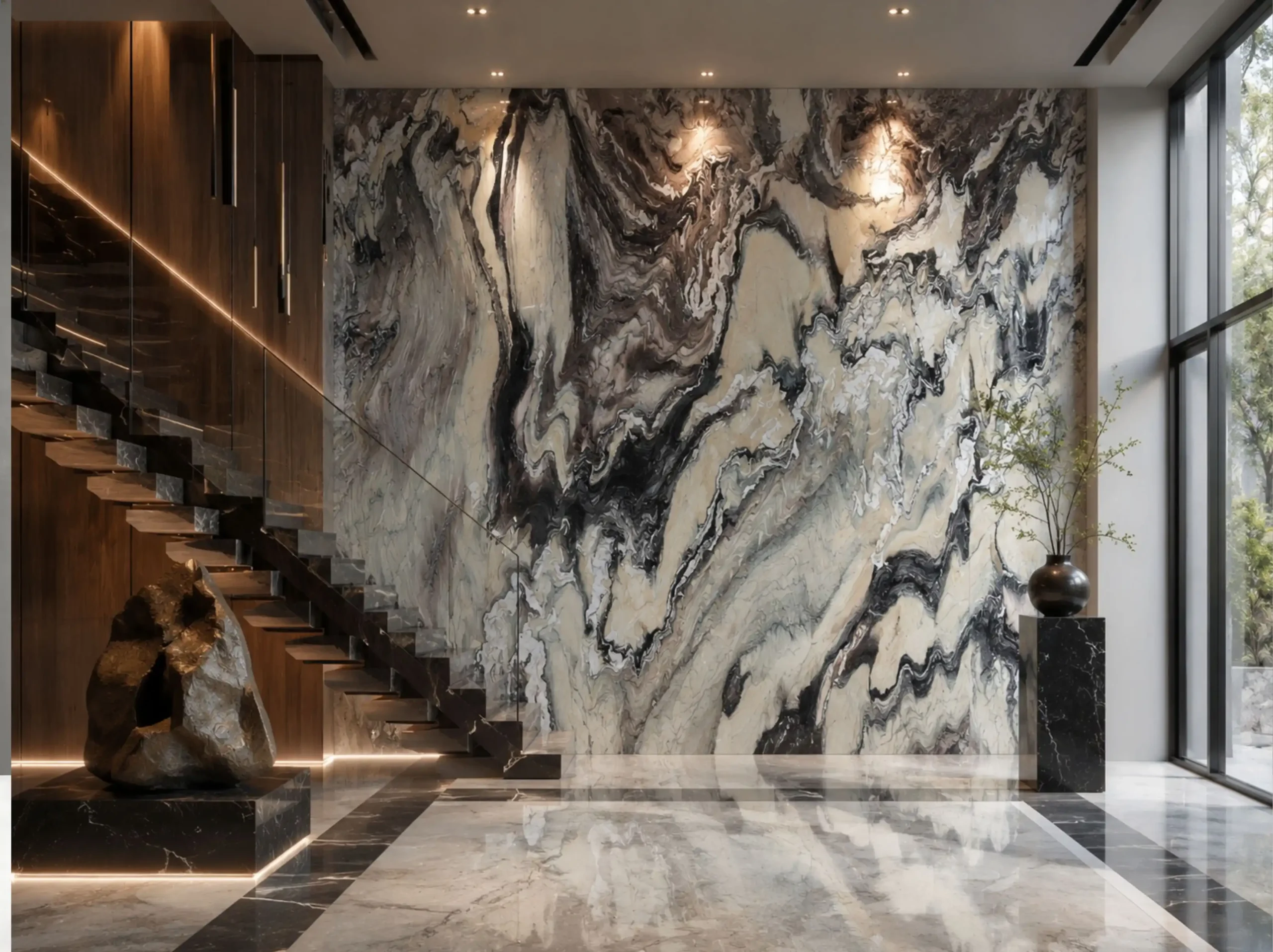 Cipollino Ondulato Marble staircase feature wall lobby for a luxury interior project