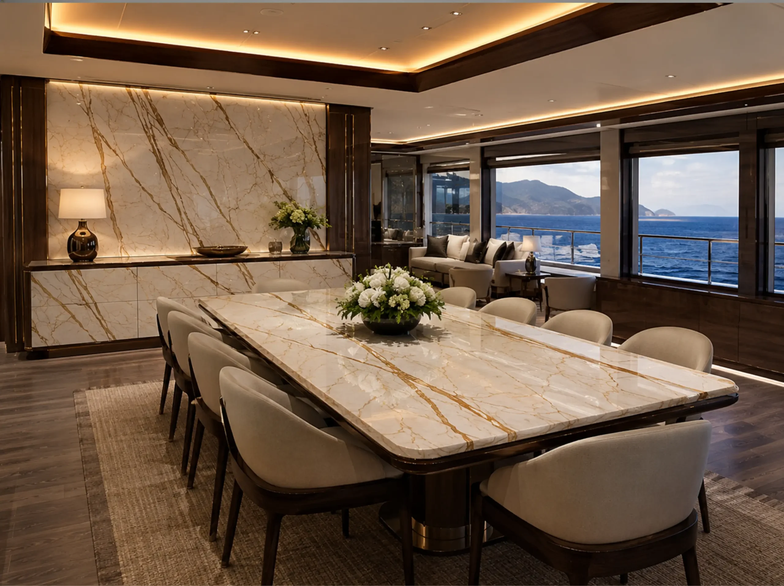 Crema Eva Marble luxury yacht dining room for a luxury interior project