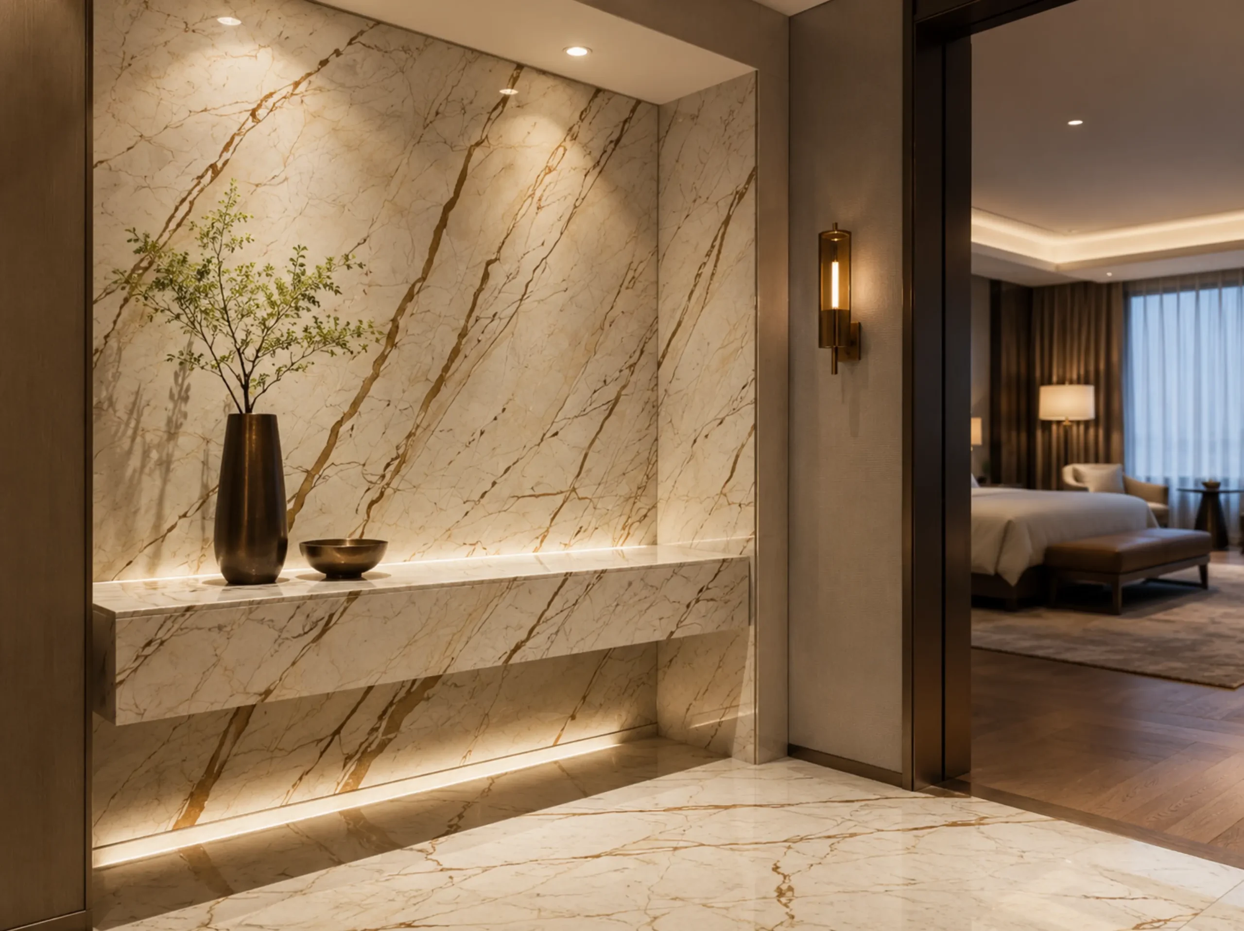 Crema Evita Marble hotel entry feature wall for a luxury interior project