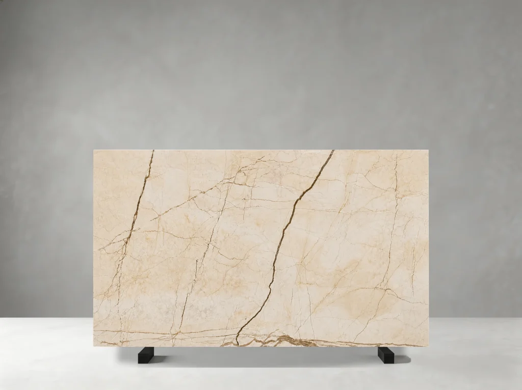 Crema Evita Marble slab with light cream and warm beige tones with delicate fossil-like details and soft tonal clouds