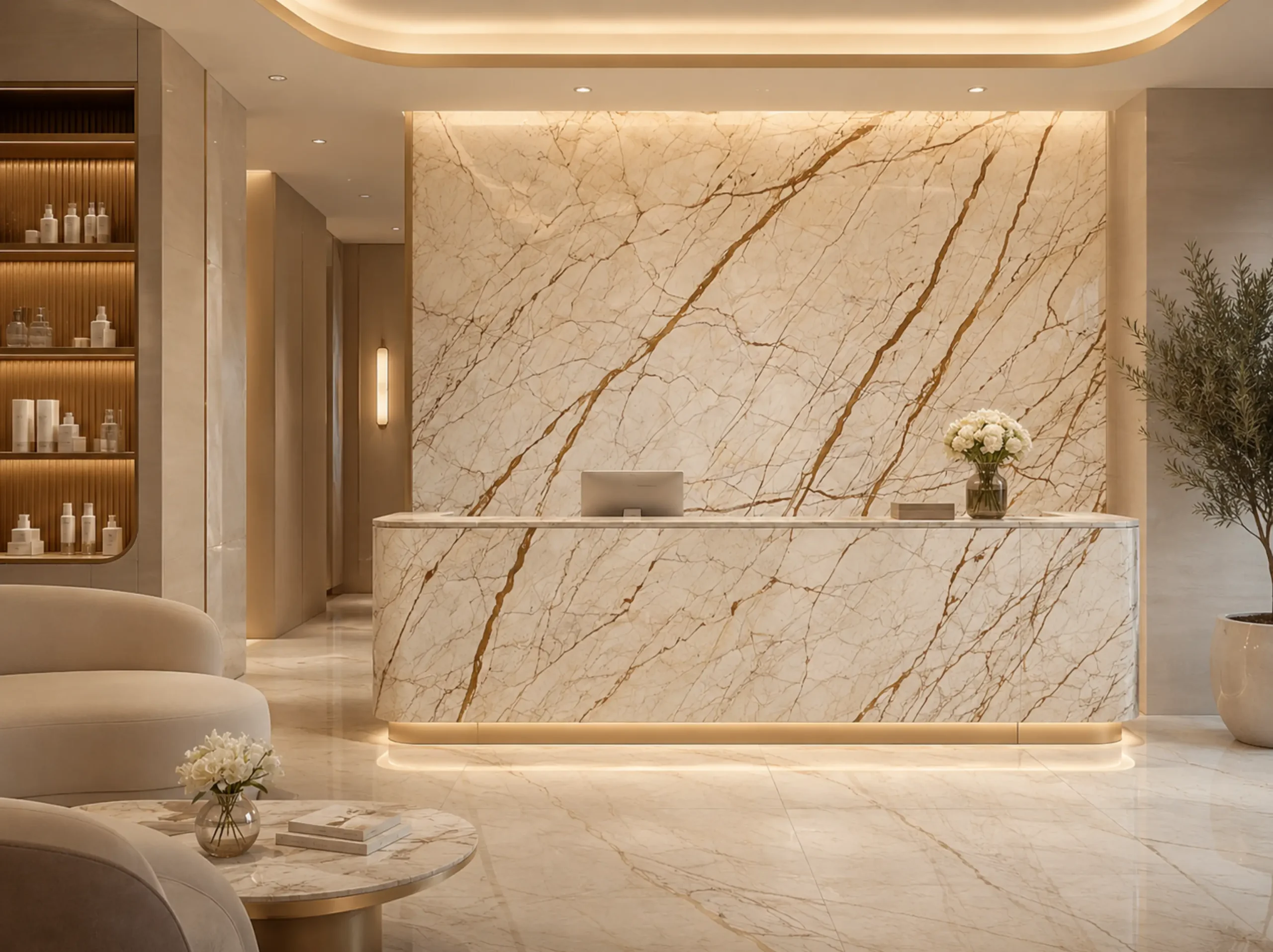 Crema Evita Marble spa reception desk for a luxury interior project