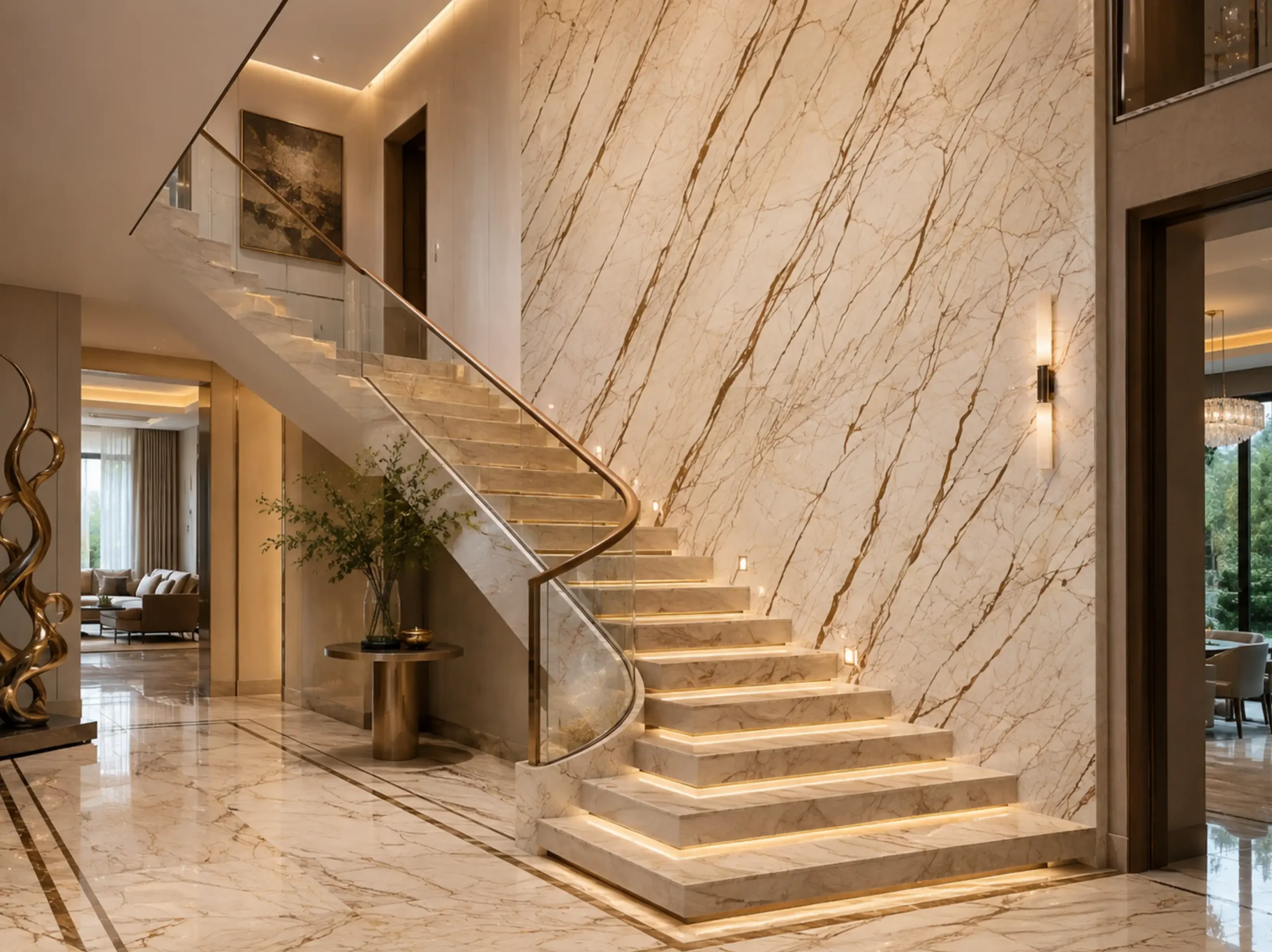 Crema Evita Marble staircase feature wall for a luxury interior project