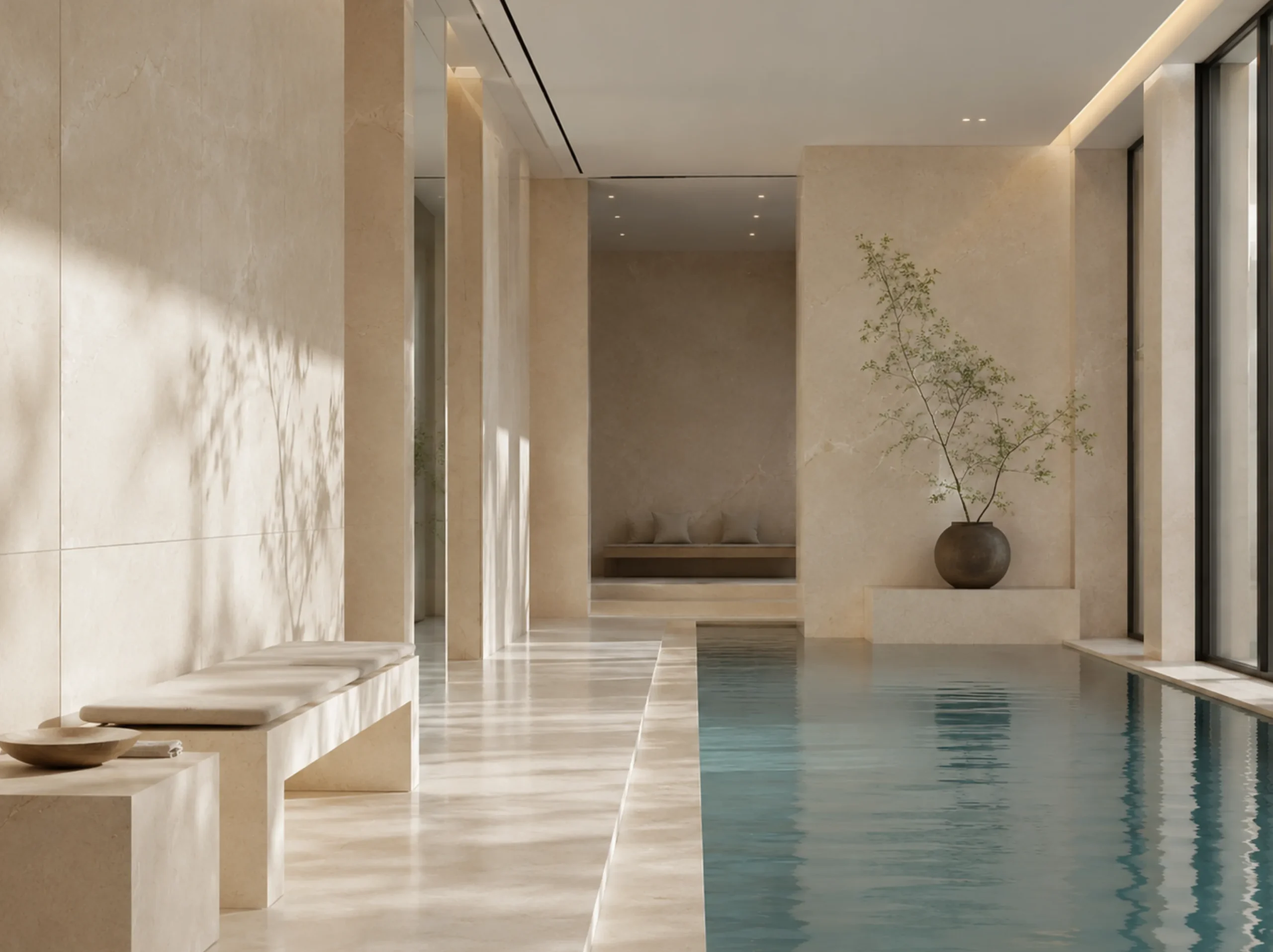 Crema Marfil Florido Marble used for indoor pool wall floor