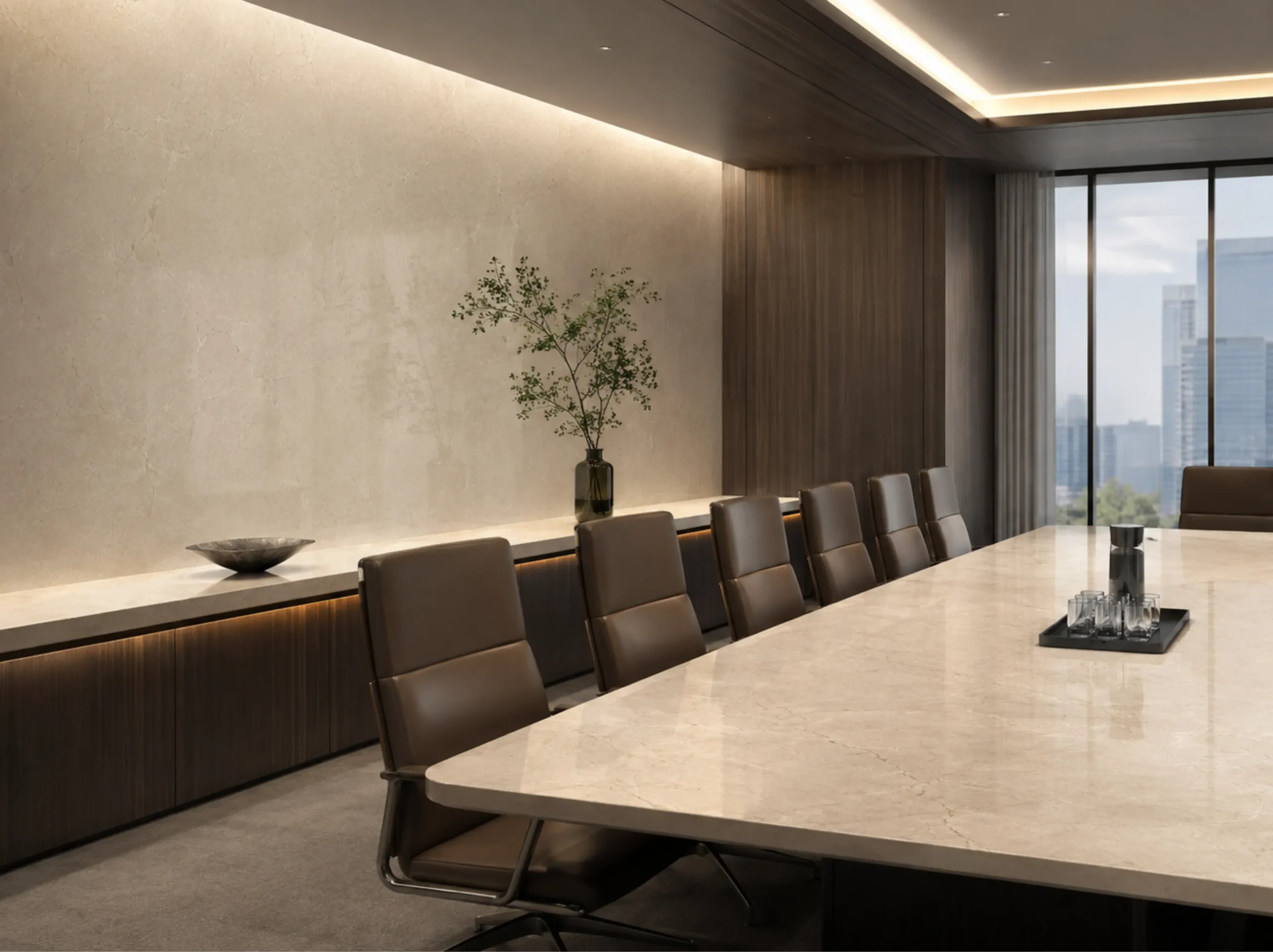Crema Marfil Ivory Marble used for conference room table wall cladding