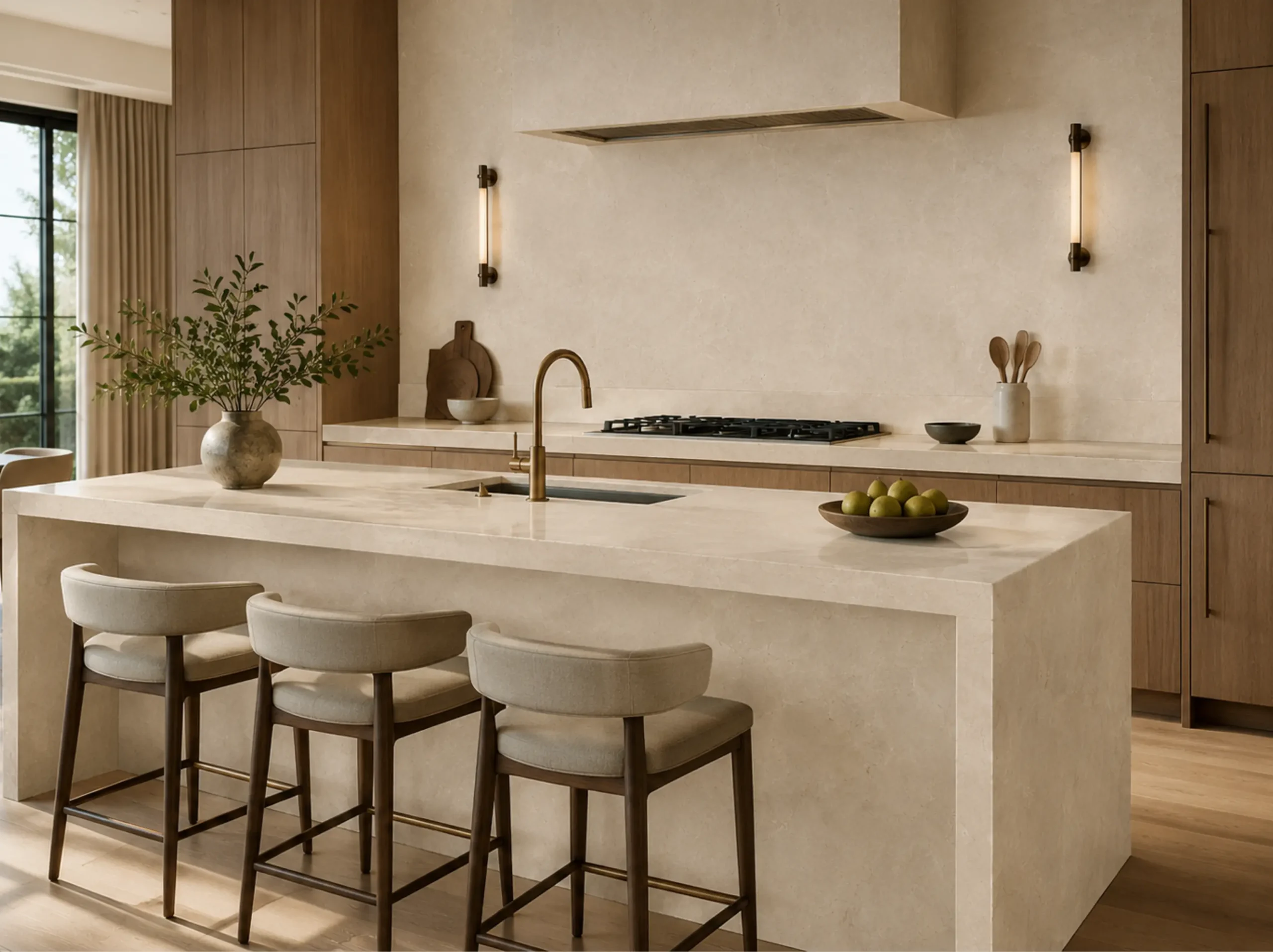 Crema Marfil Ivory Marble used for kitchen island backsplash