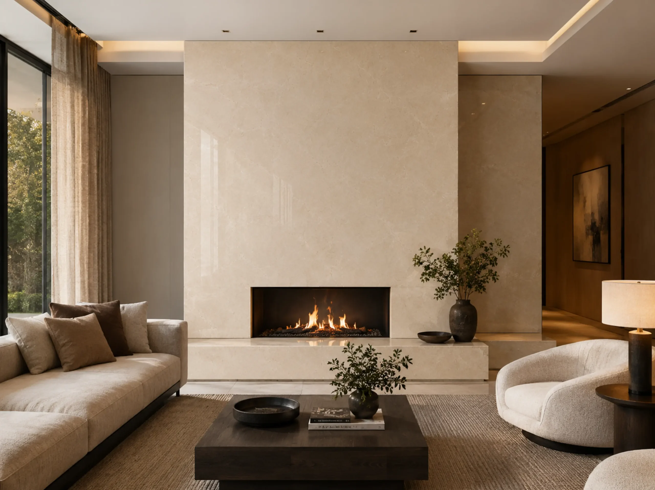 Crema Marfil Ivory Marble used for living room fireplace feature wall