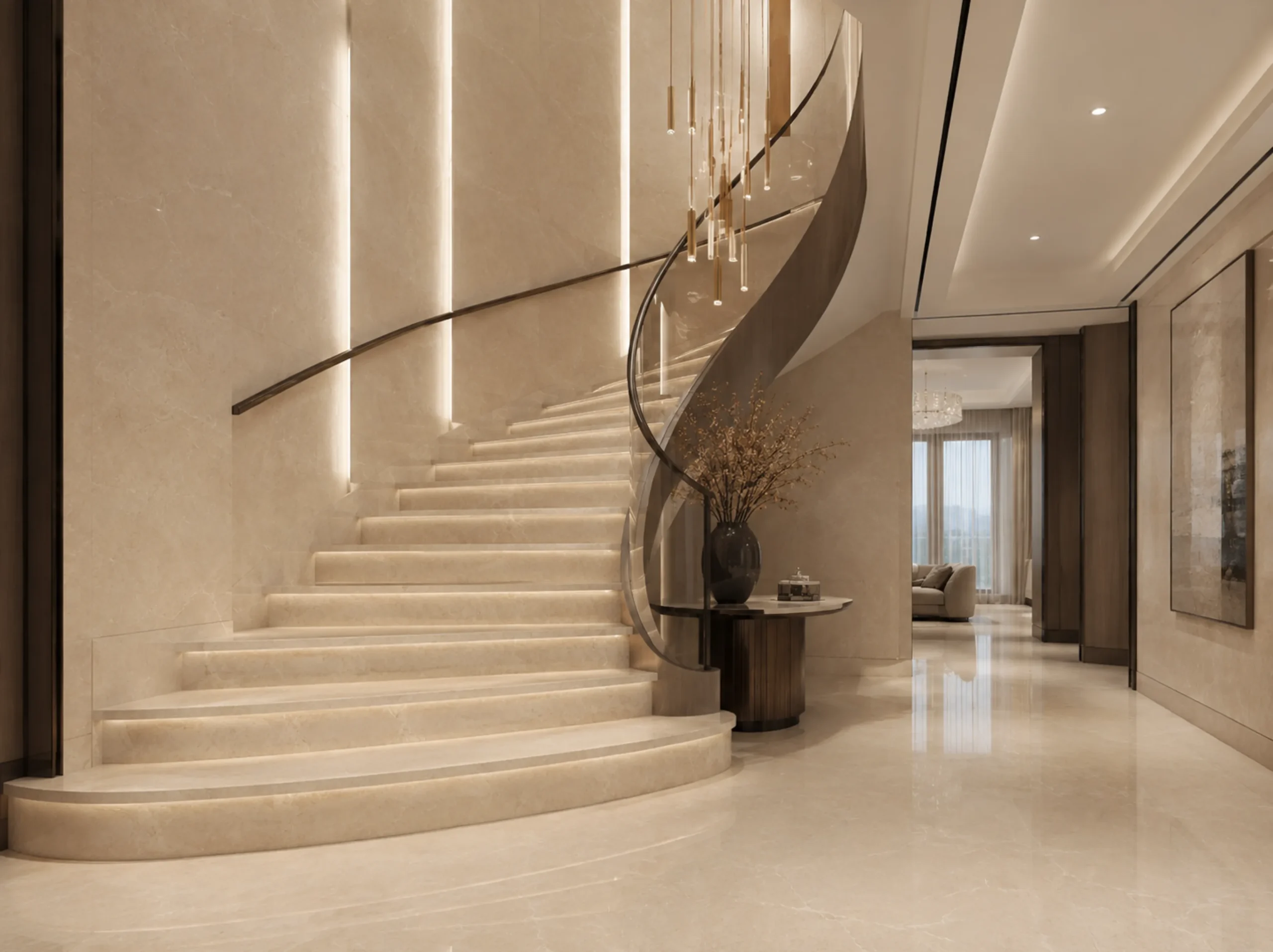 Crema Marfil Select Marble used for curved staircase hall