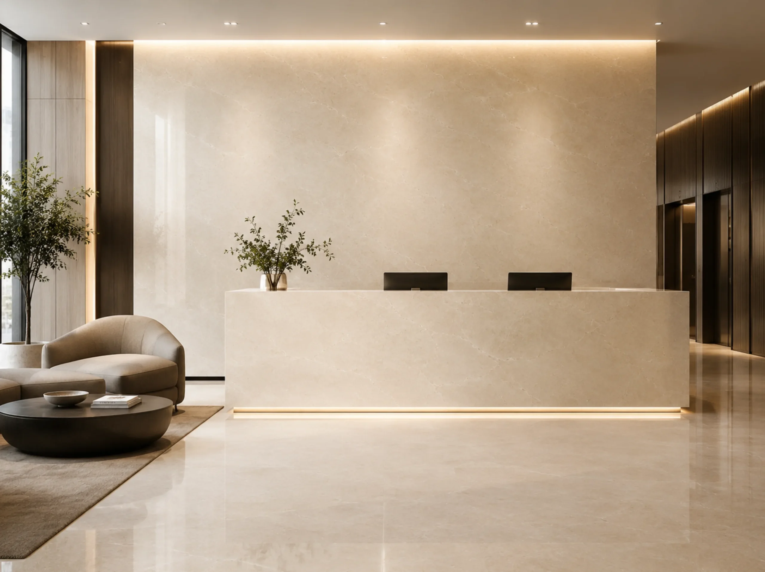 Crema Marfil Select Marble used for reception desk lobby