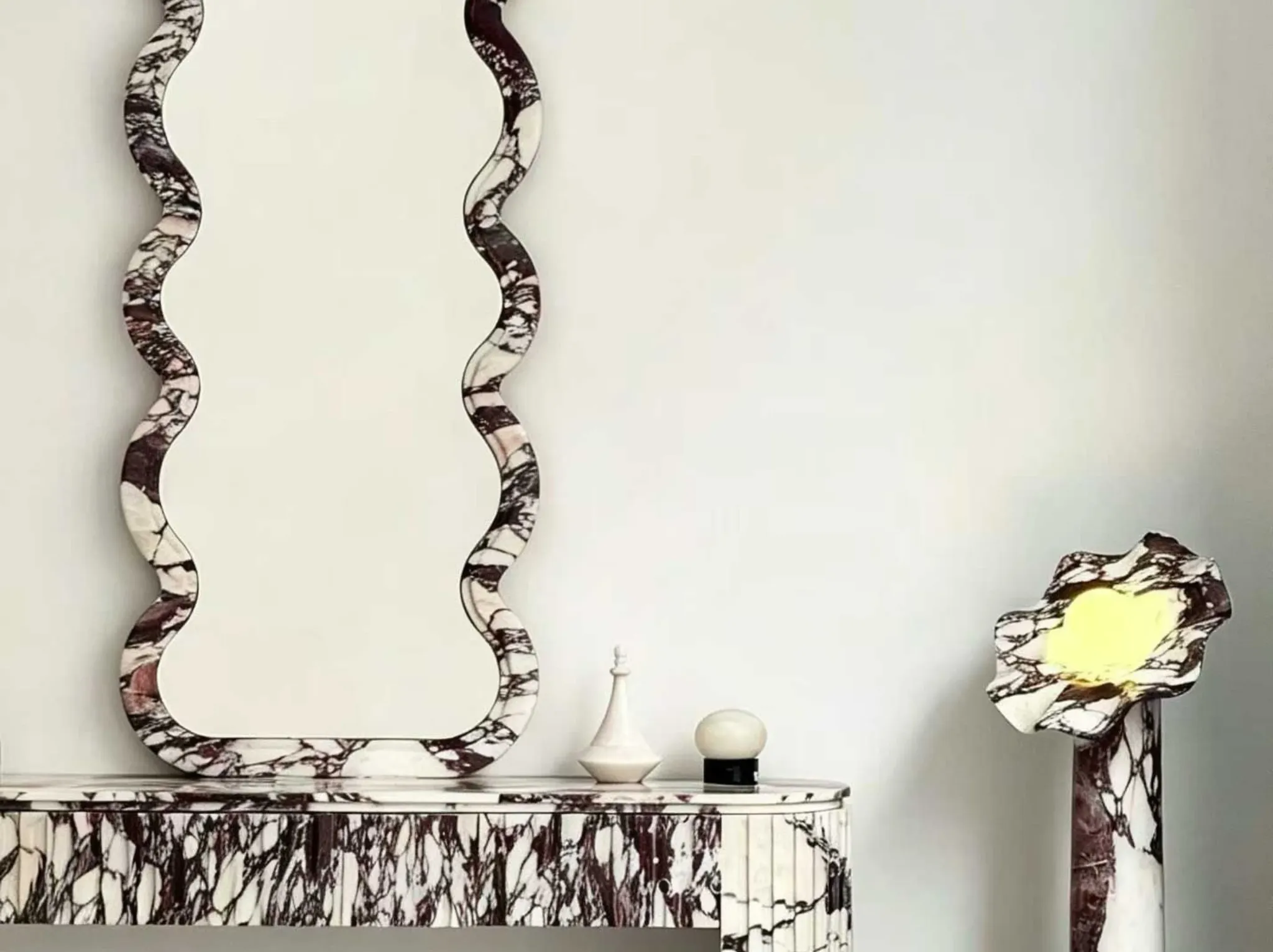 Marbre Breche Violette Marble custom marble console, mirror frame and sculptural lamp