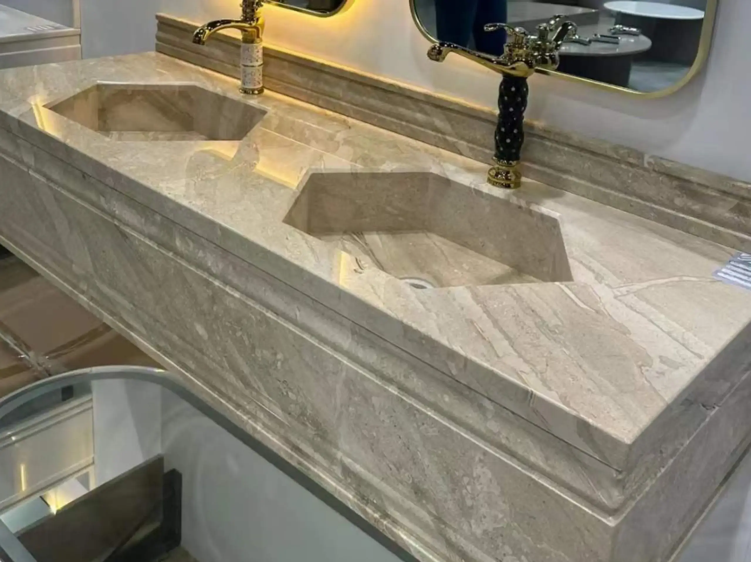 Daino Reale Marble double sink vanity with integrated beige stone top and matching backsplash