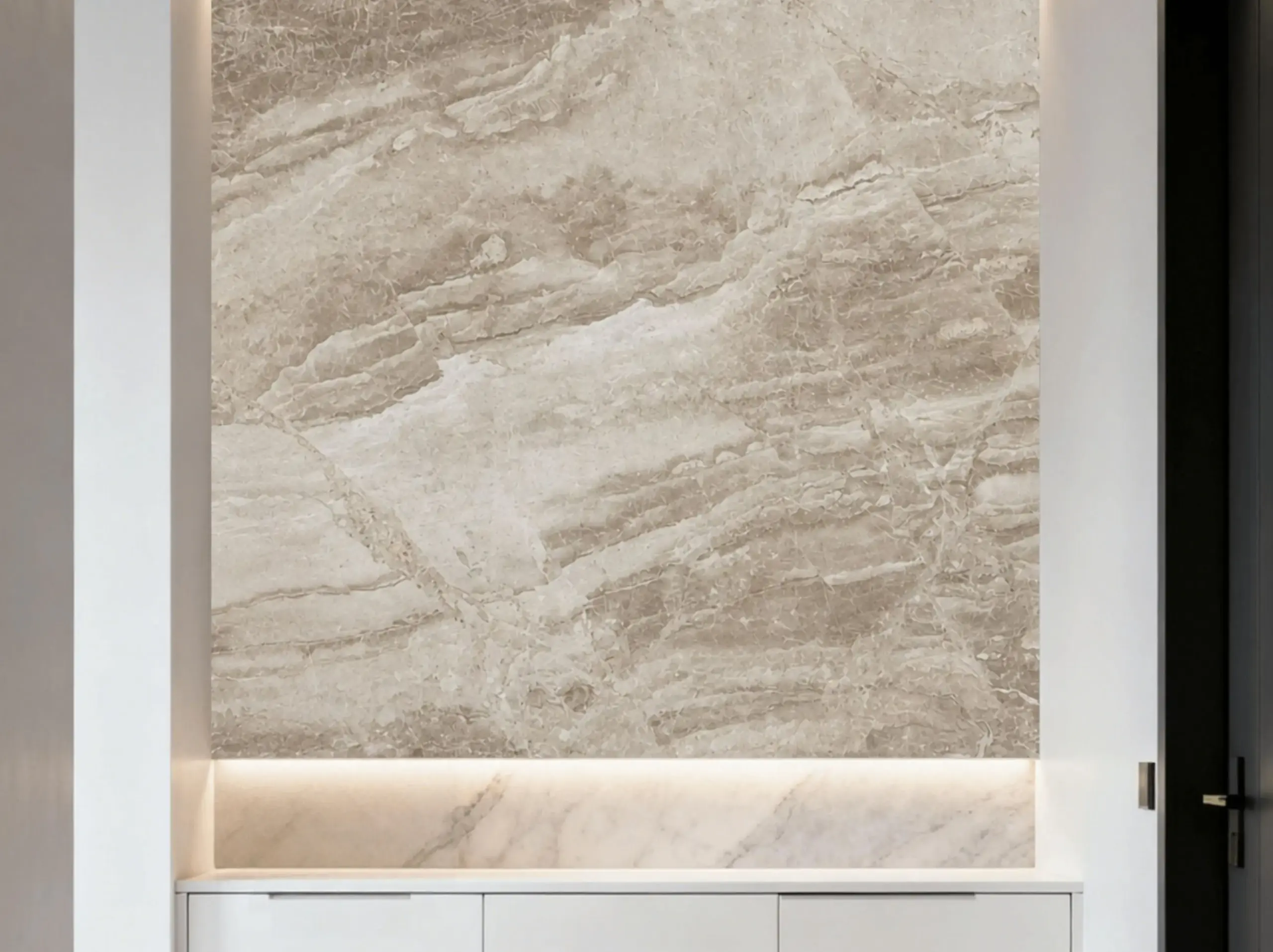 Daino Royal Marble interior feature wall with illuminated beige and ivory natural movement